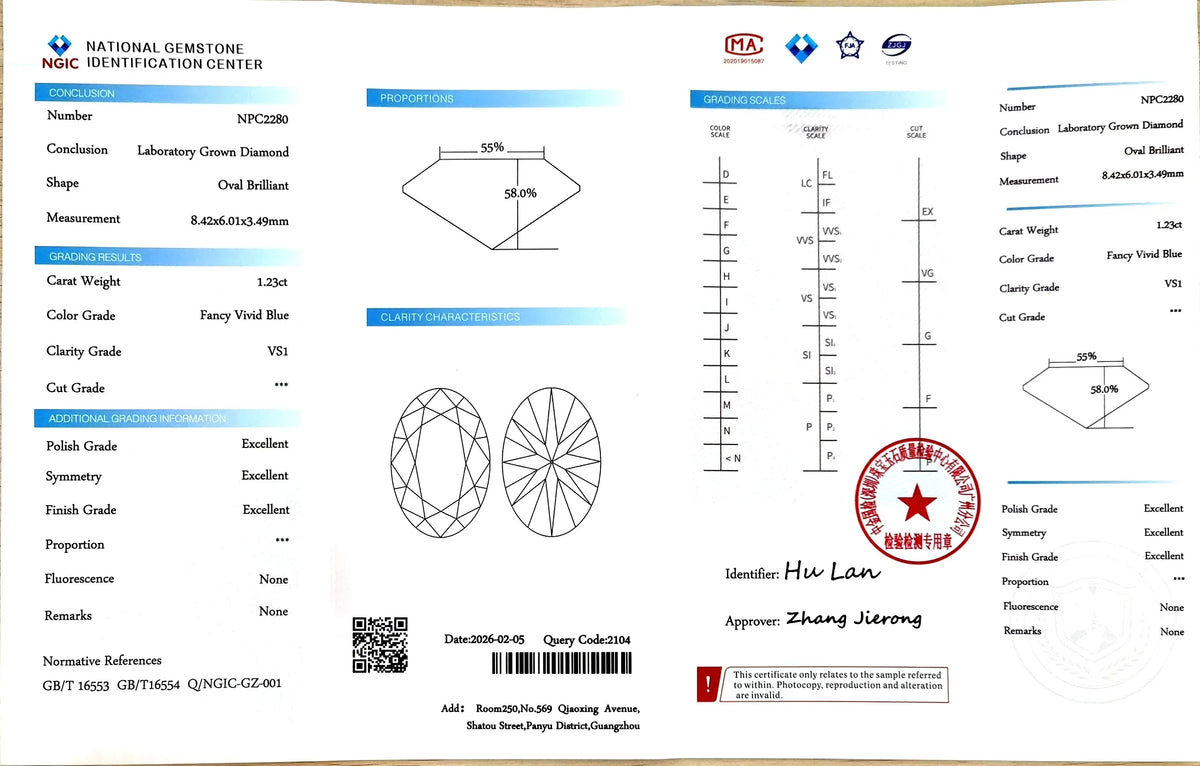 1.23ct Oval Brilliant Cut Lab Diamond – Fancy Vivid Blue Color VS1 | Doveggs Certified