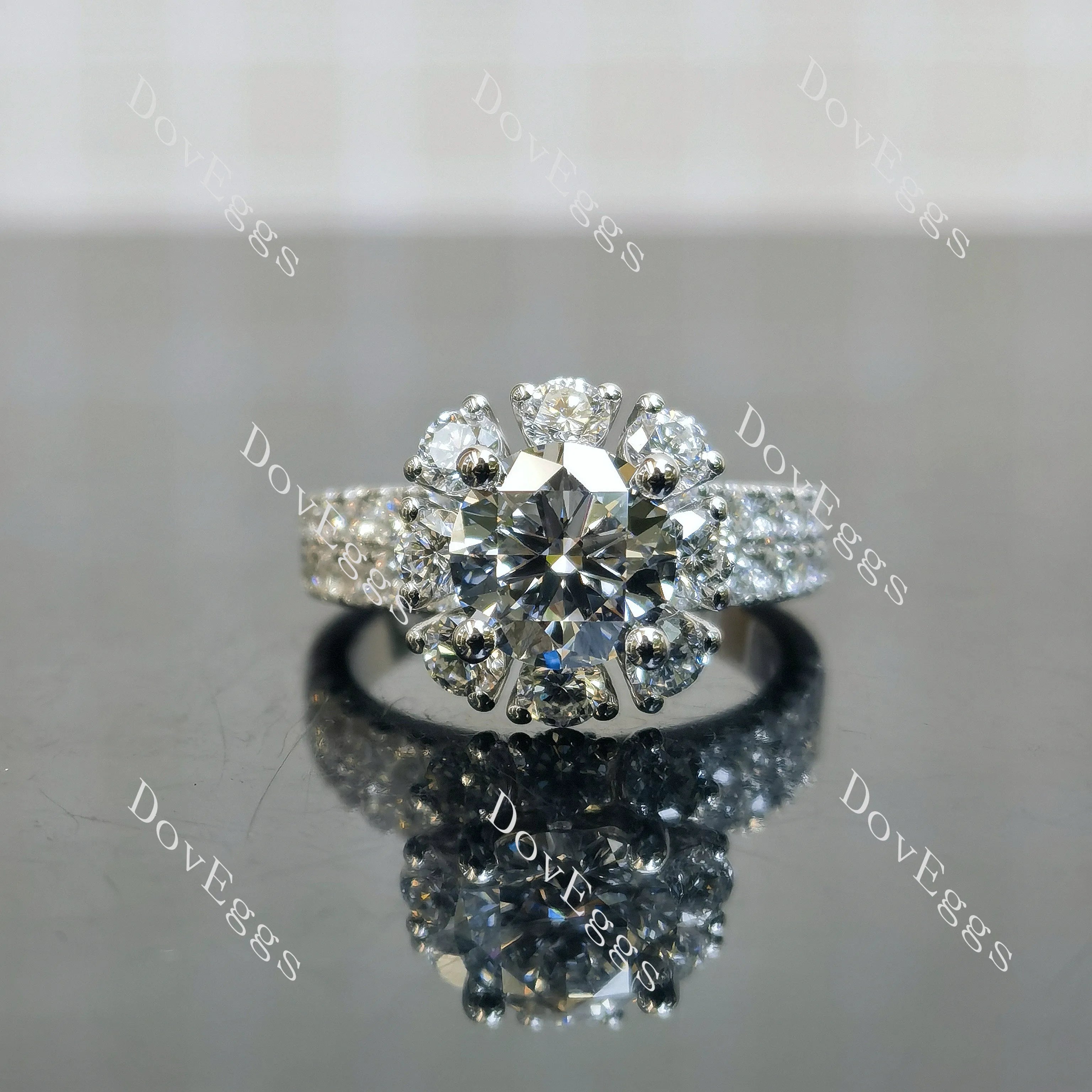 Doveggs Round Floral Halo Half Eternity Lab Grown Diamond Engagement Ring