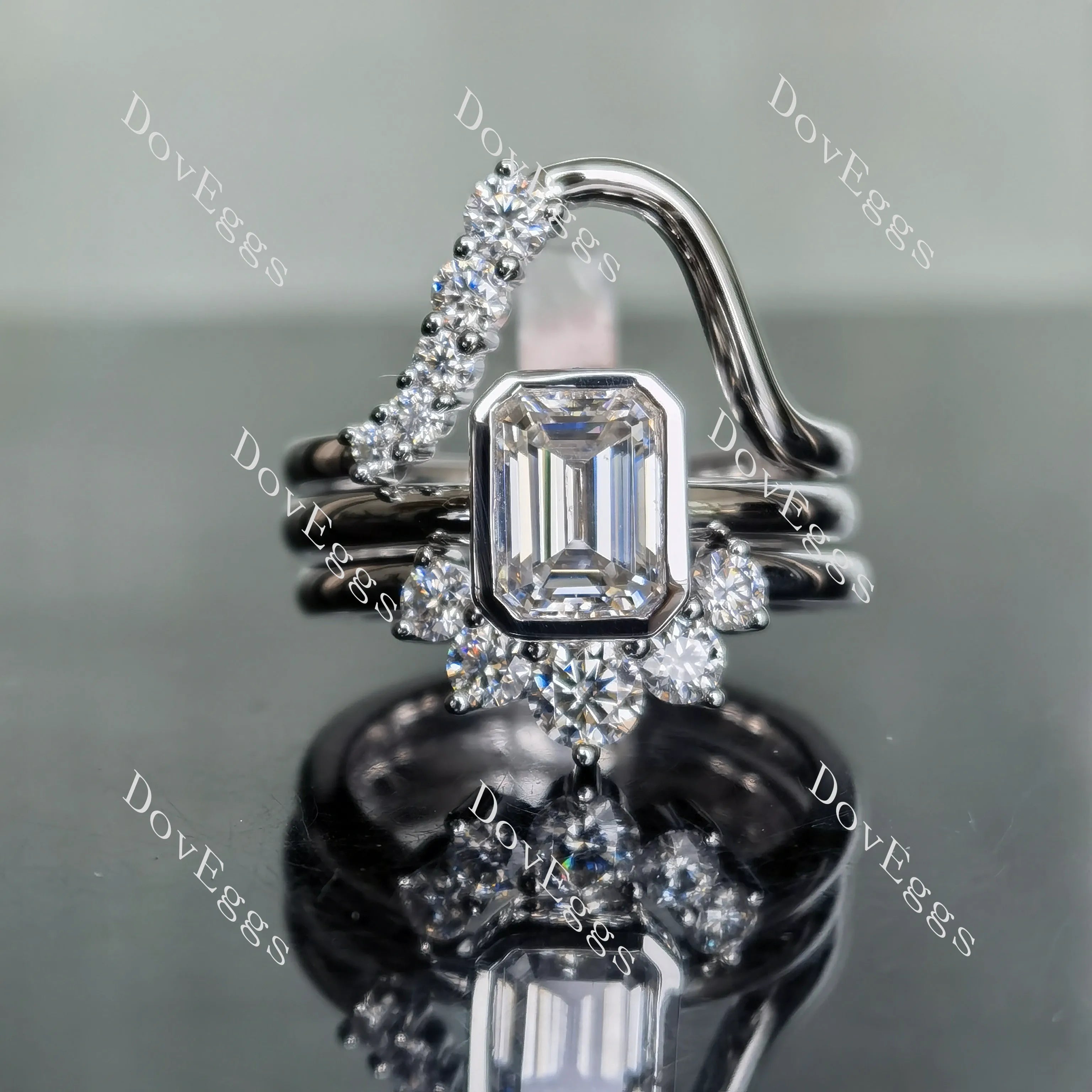 DovEggs emerald bezel solitaire moissanite bridal set (3 rings)