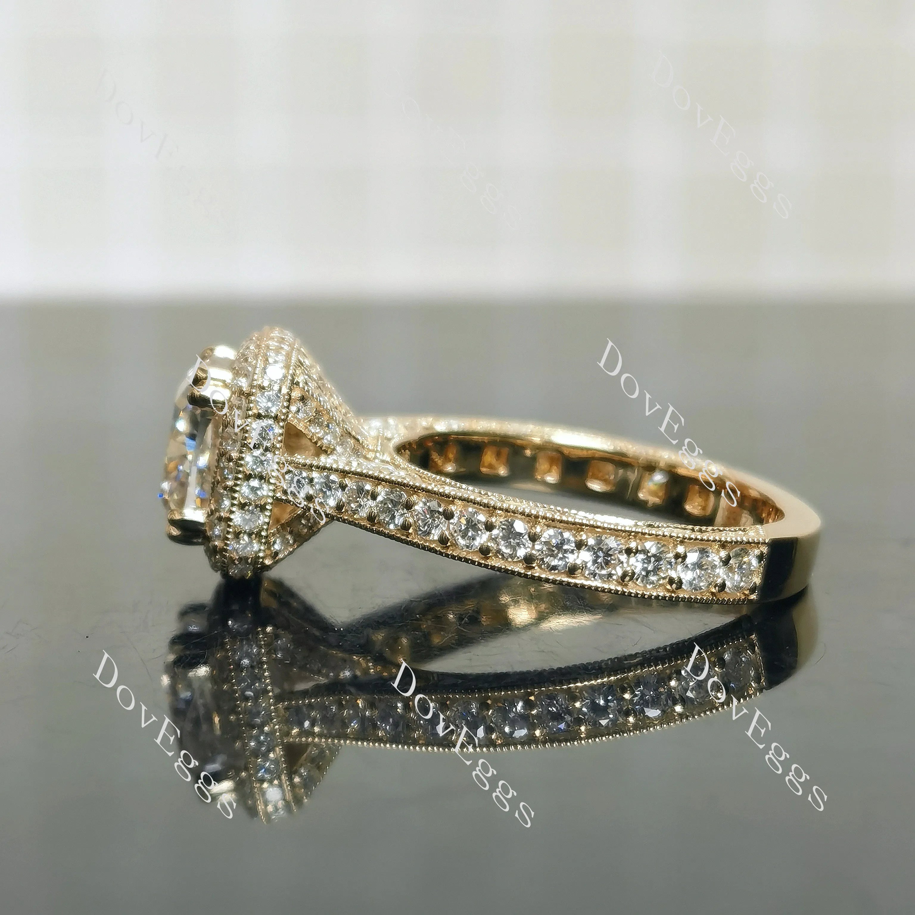 Doveggs Cushion Halo 3/4 Eternity Vintage Lab Grown Diamond Engagement Ring