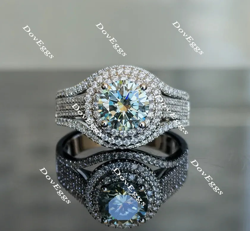 Doveggs round double halo Peacock blue moissanite engagement ring