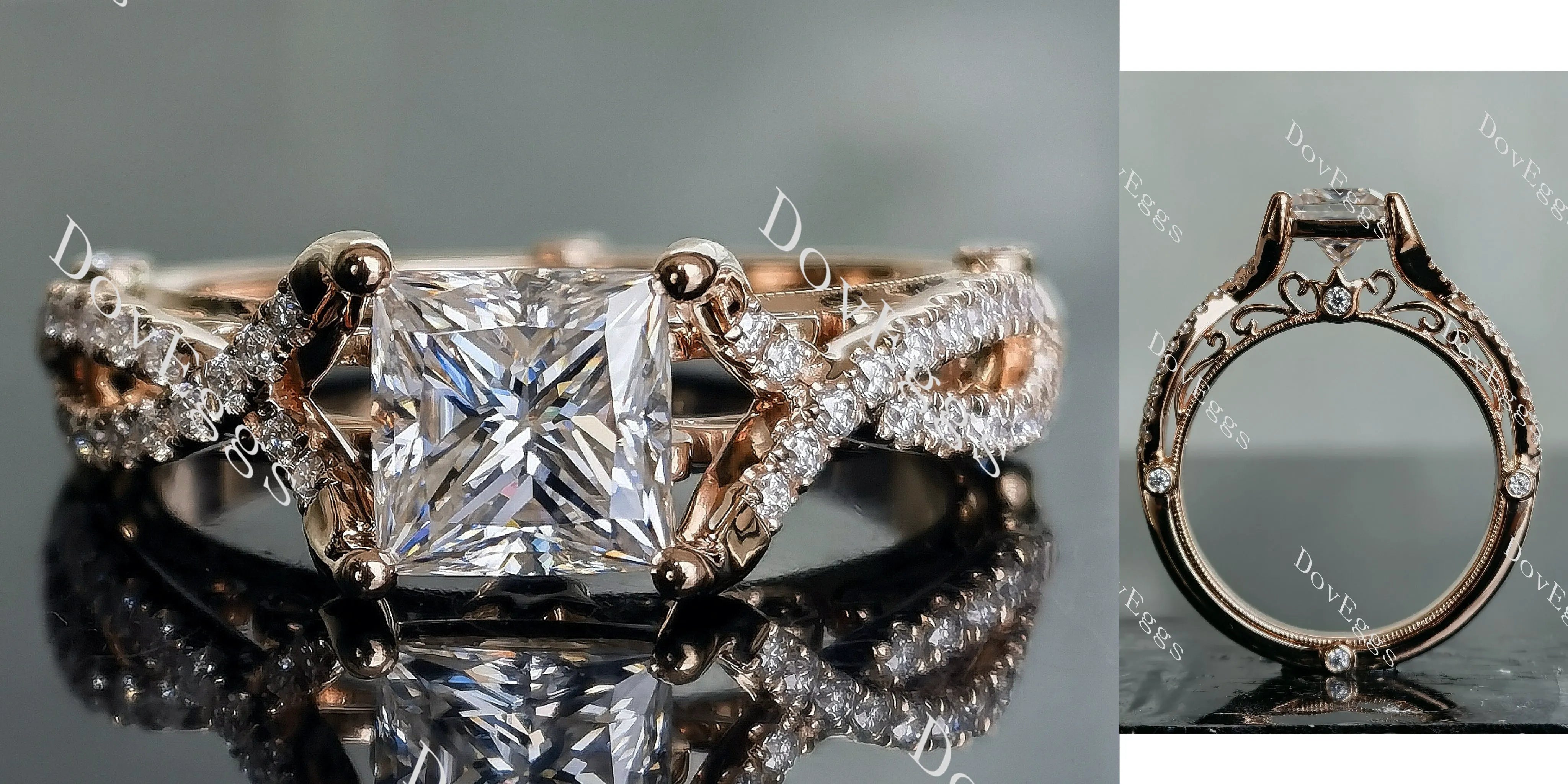 Doveggs princess half eternity pave split shank moissanite engagement ring