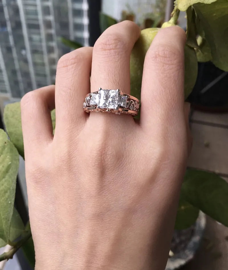 Mi amore eterno Julieann T princess hard engraved vintage moissanite ring hollow out band
