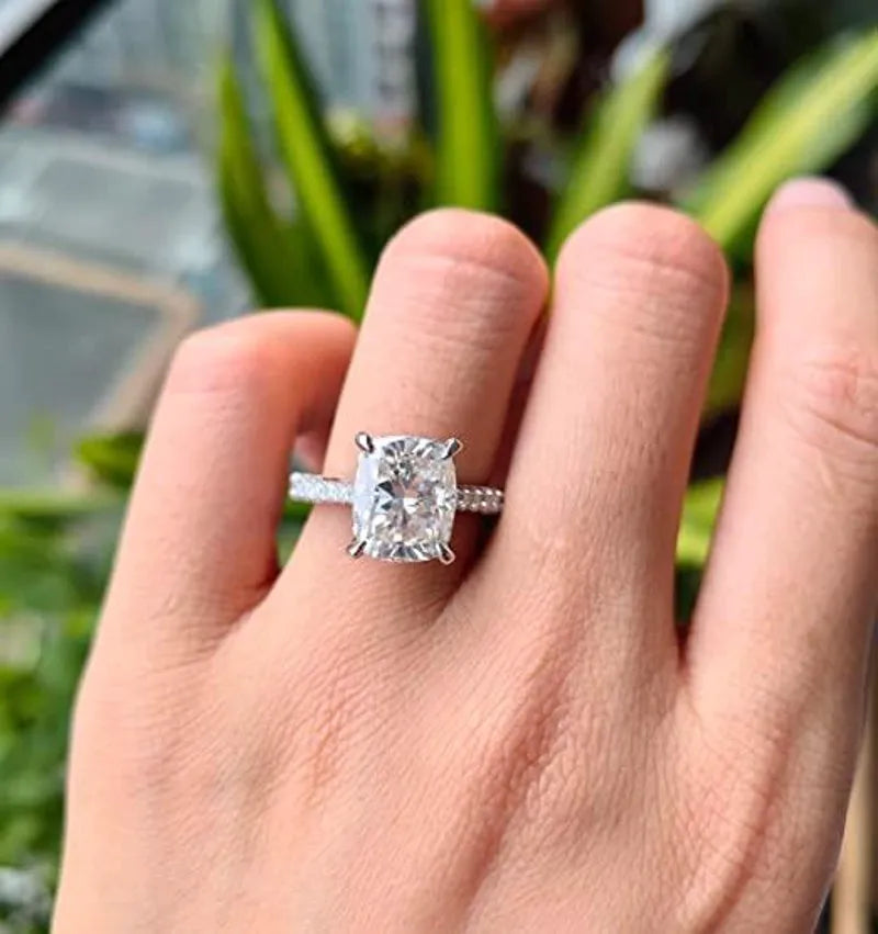 Doveggs elongated cushion sterling silver hidden halo moissanite engagement ring