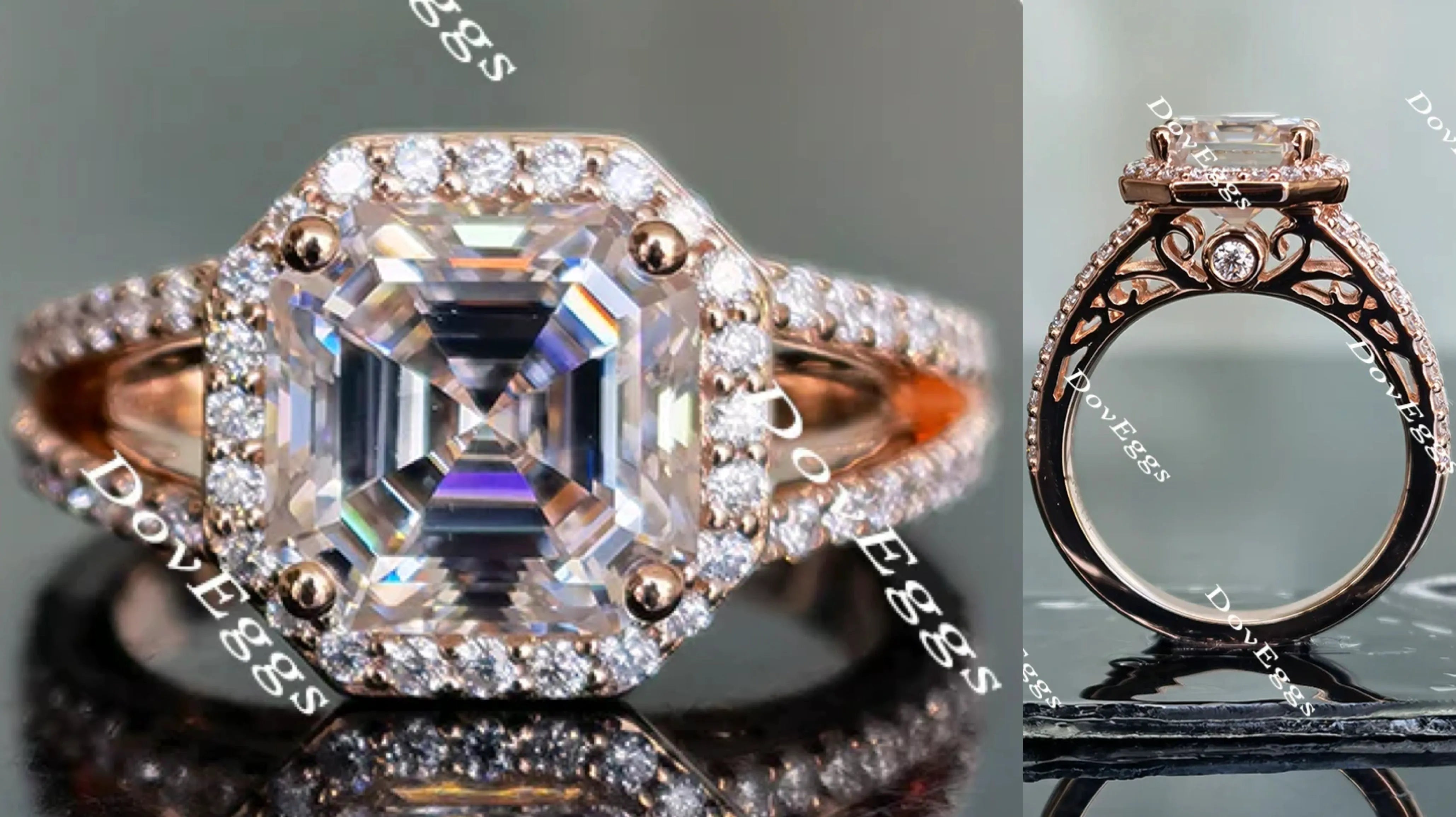 Doveggs asscher split shank halo pave moissanite engagement ring