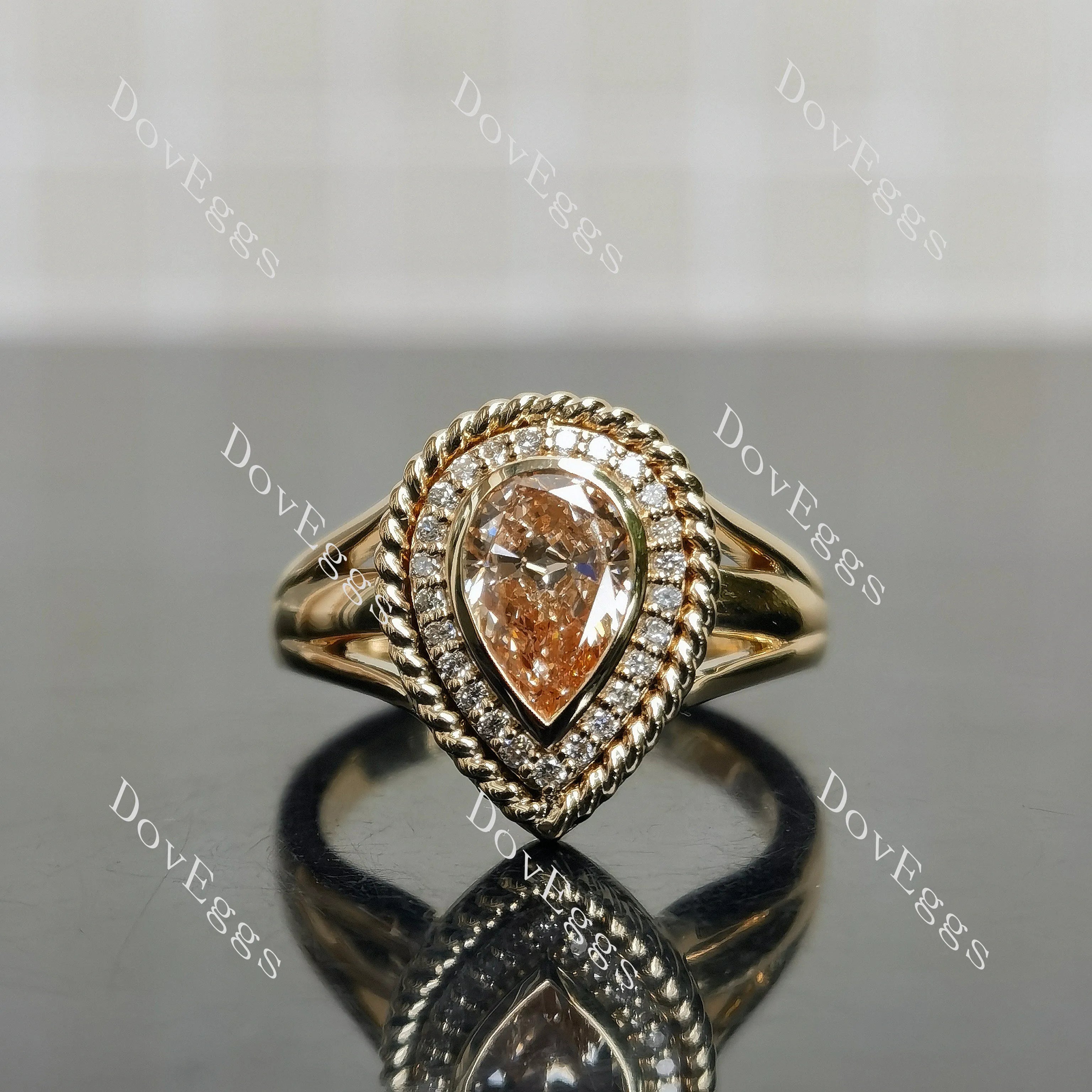 Doveggs Pear Bezel Halo Split Shanks Fancy Pink Lab Grown Diamond Engagement Ring