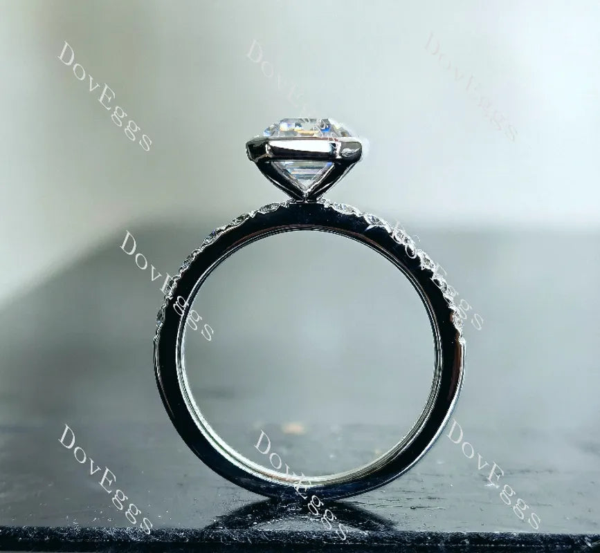 DovEggs emerald bezel half eternity pave moissanite engagement ring