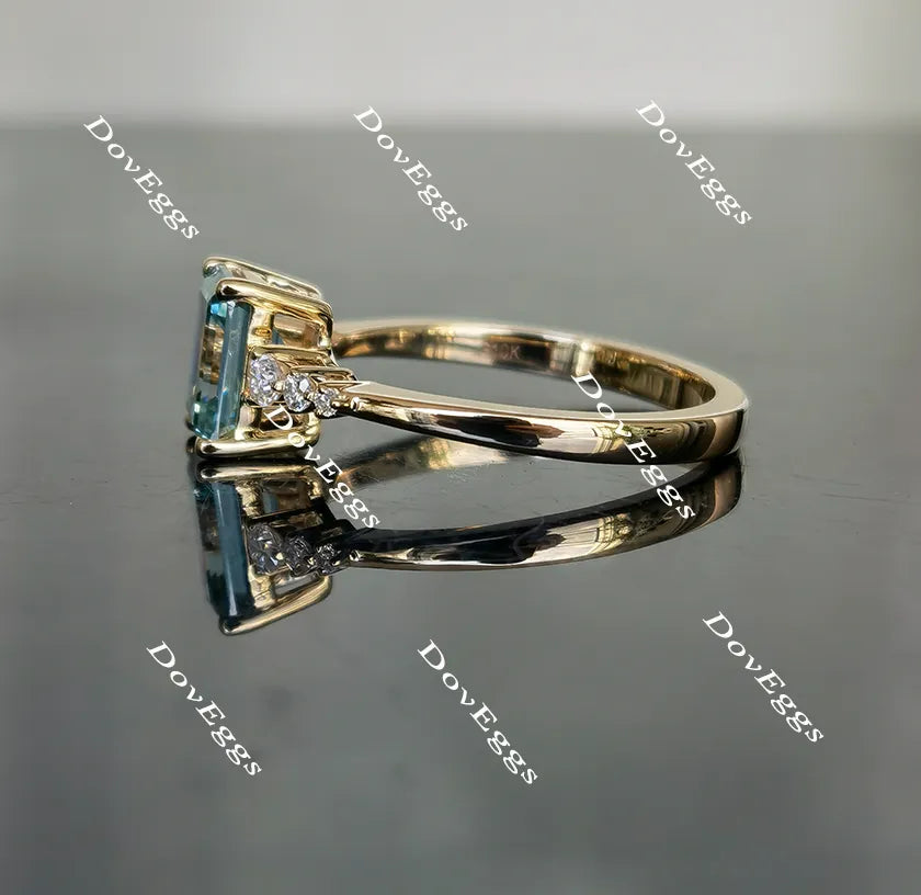 DovEggs peacock blue side stones emerald moissanite engagement ring