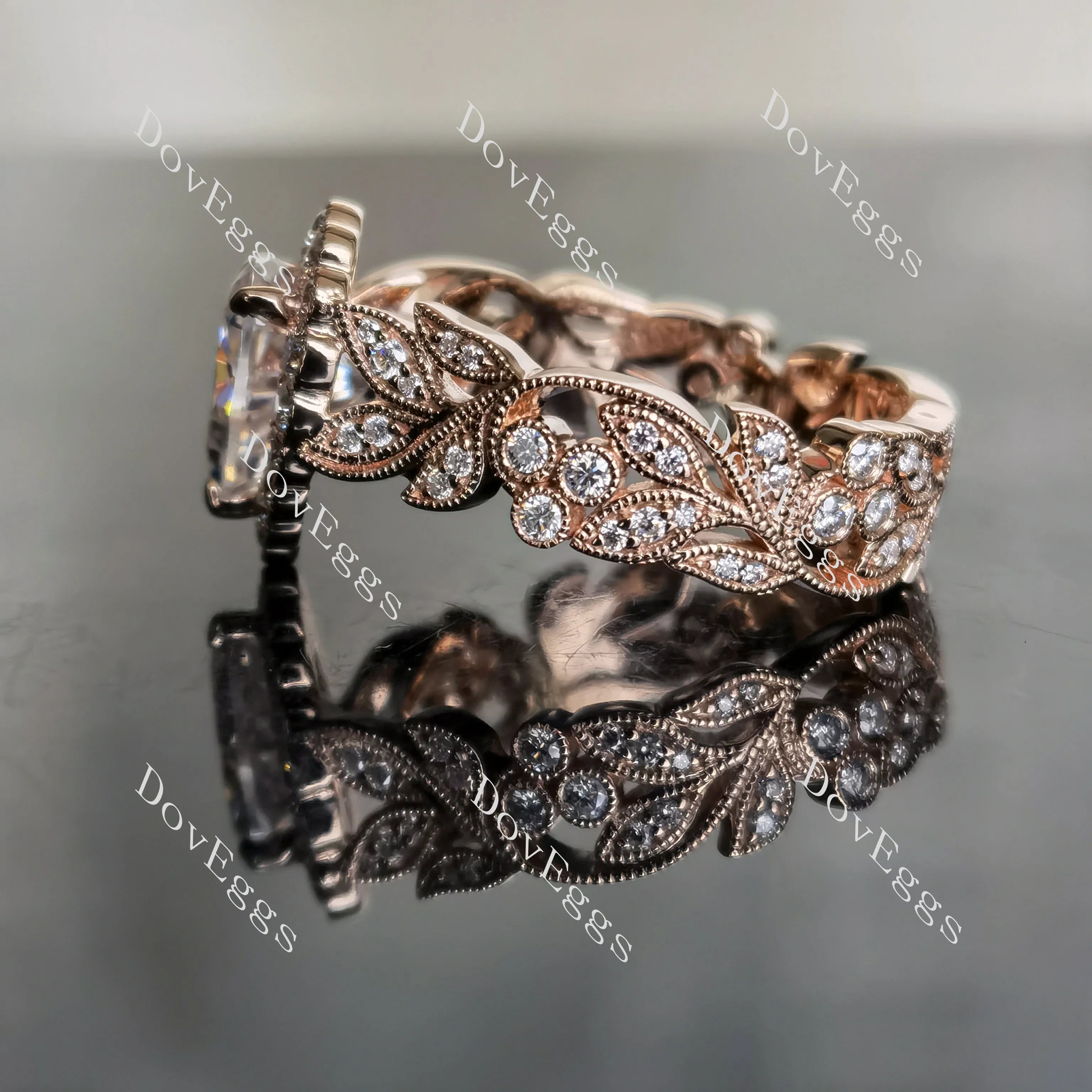 DovEggs pear full eternity halo moissanite engagement ring
