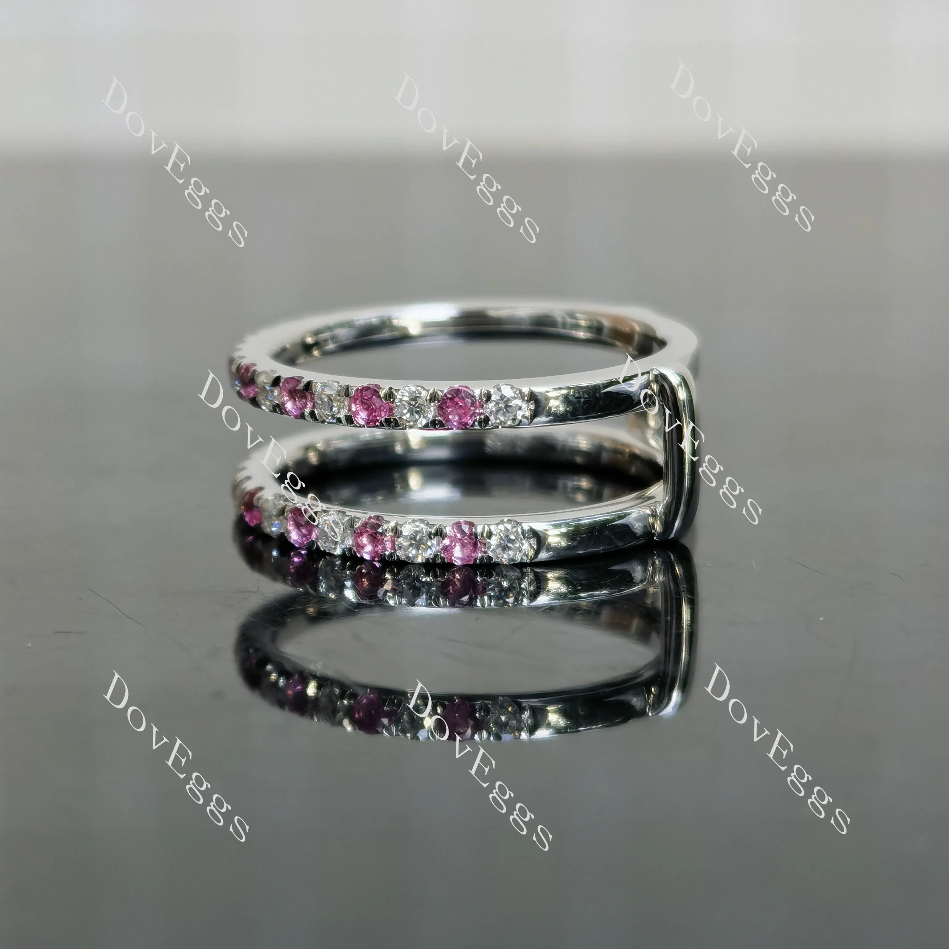 Doveggs round half eternity pave moissanite/lab grown diamond & colored gem wedding band-7.2mm band width