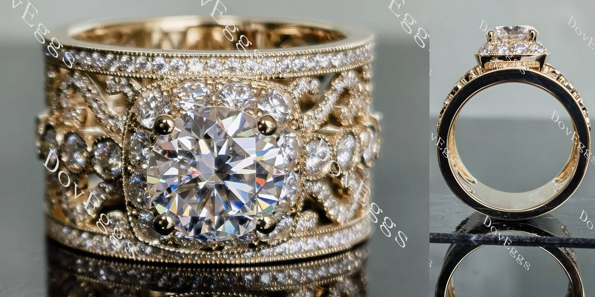 Amor Eterno round halo pave vintage wide band moissanite engagement ring