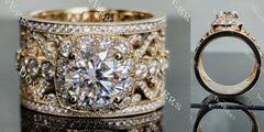 Amor Eterno round halo pave vintage wide band moissanite engagement ring