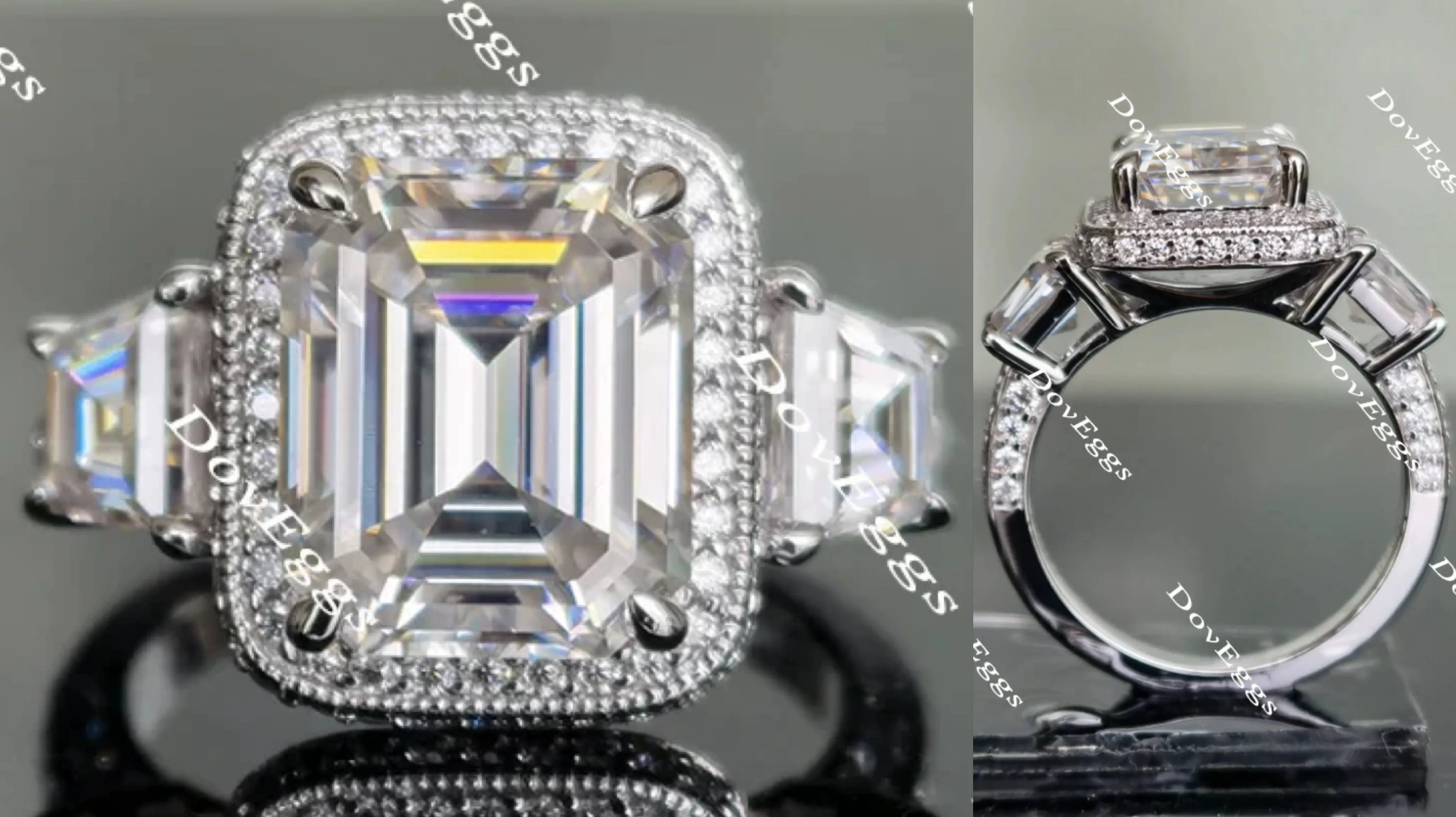 The Aunt Gabby three stone halo emerald moissanite engagement ring