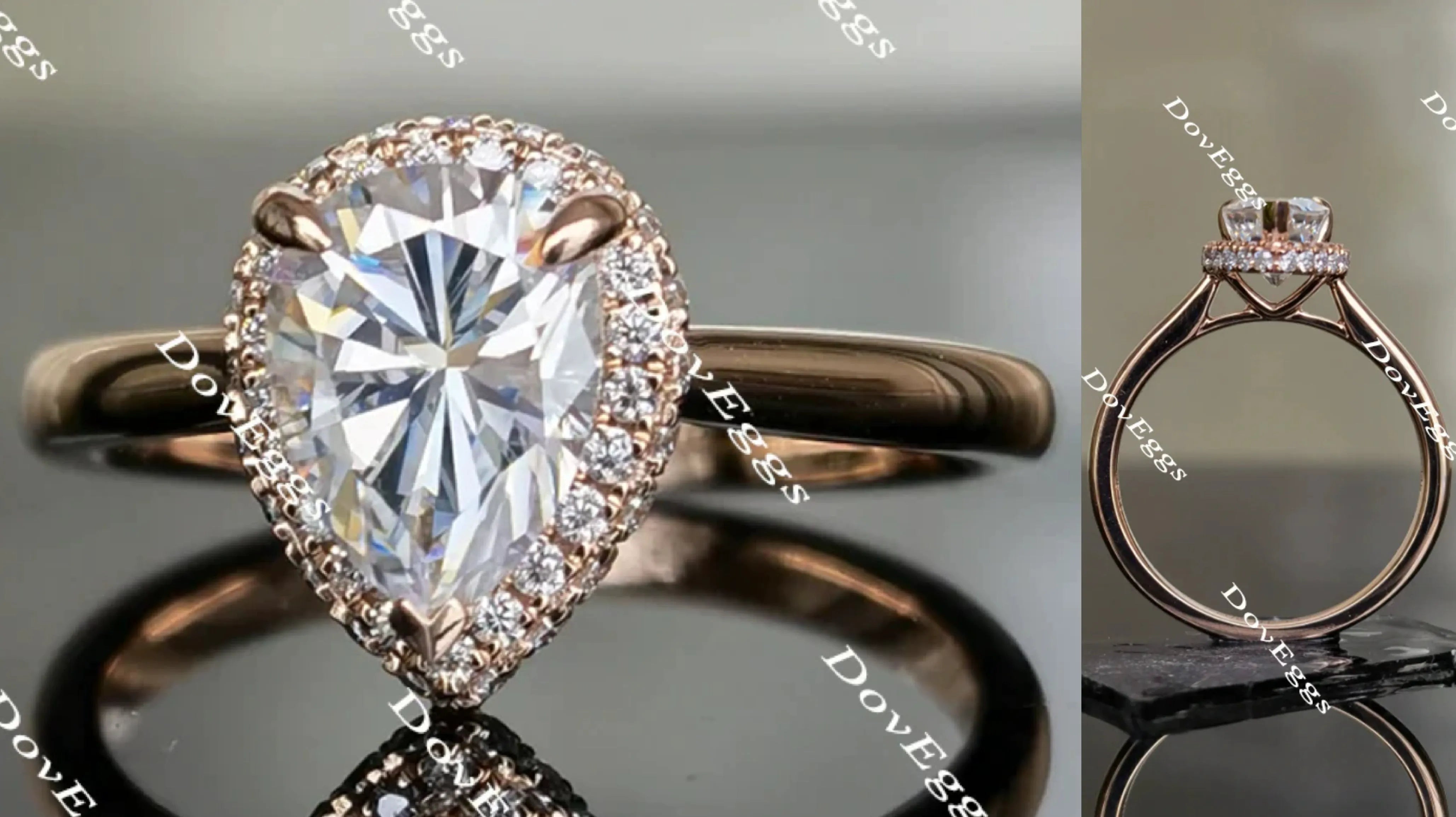 DovEggs paved halo pear moissanite engagement ring