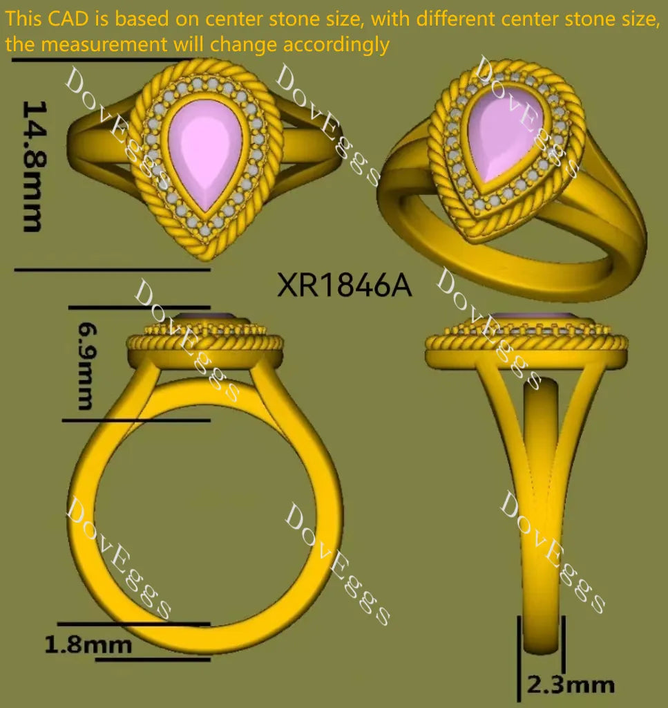 Doveggs Pear Bezel Halo Split Shanks Fancy Pink Lab Grown Diamond Engagement Ring