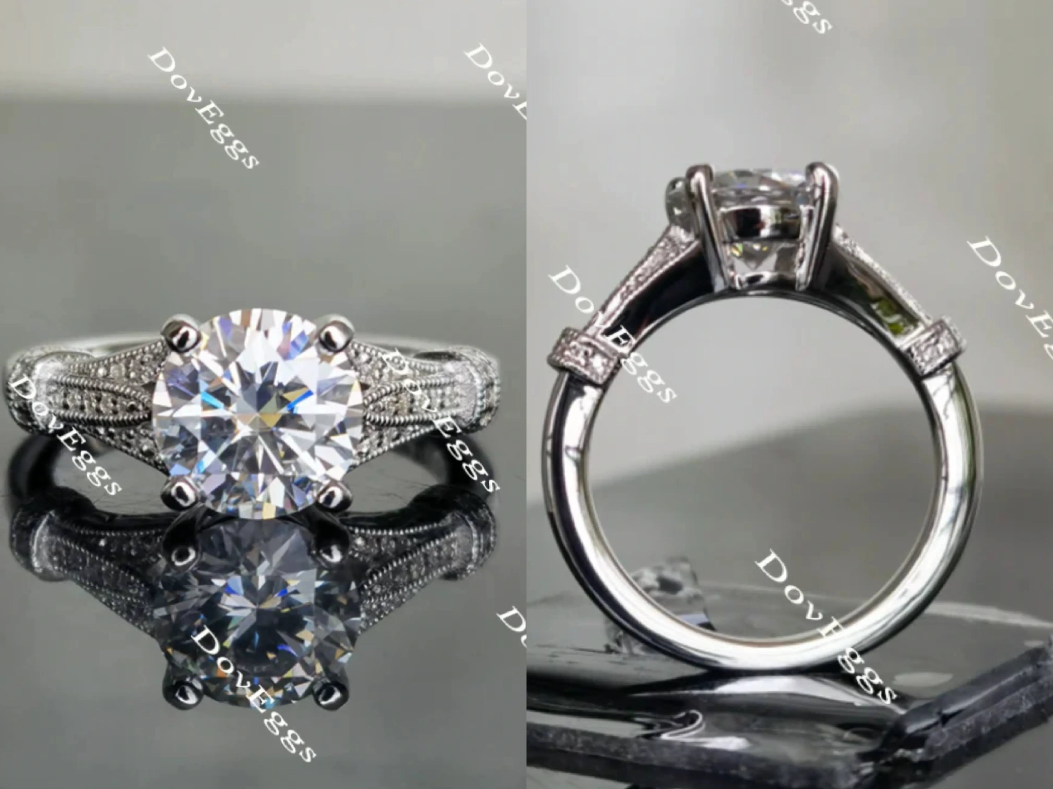 Doveggs round art deco moissanite engagement ring