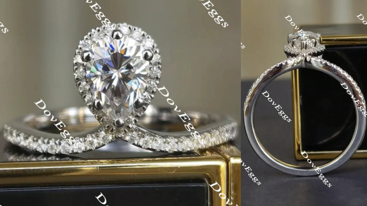 DovEggs paved halo pear moissanite engagement ring