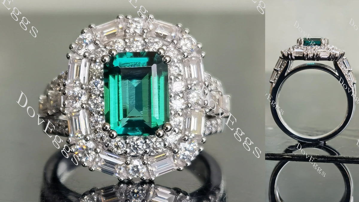 DovEggs emerald split shank double halo colored gem engagement ring