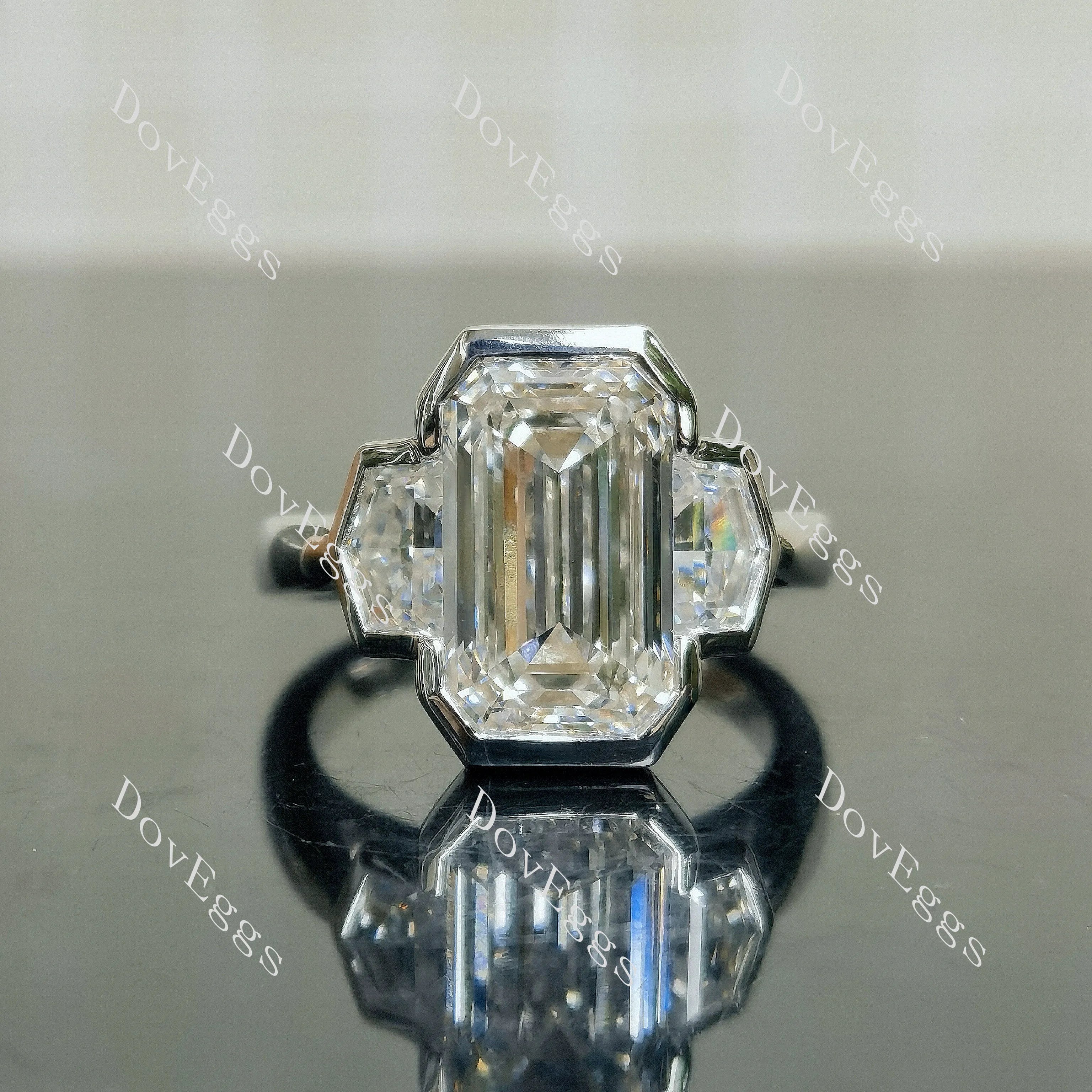 Cheryl G Emerald Bezel Three Stones Lab Grown Diamond Engagement Ring