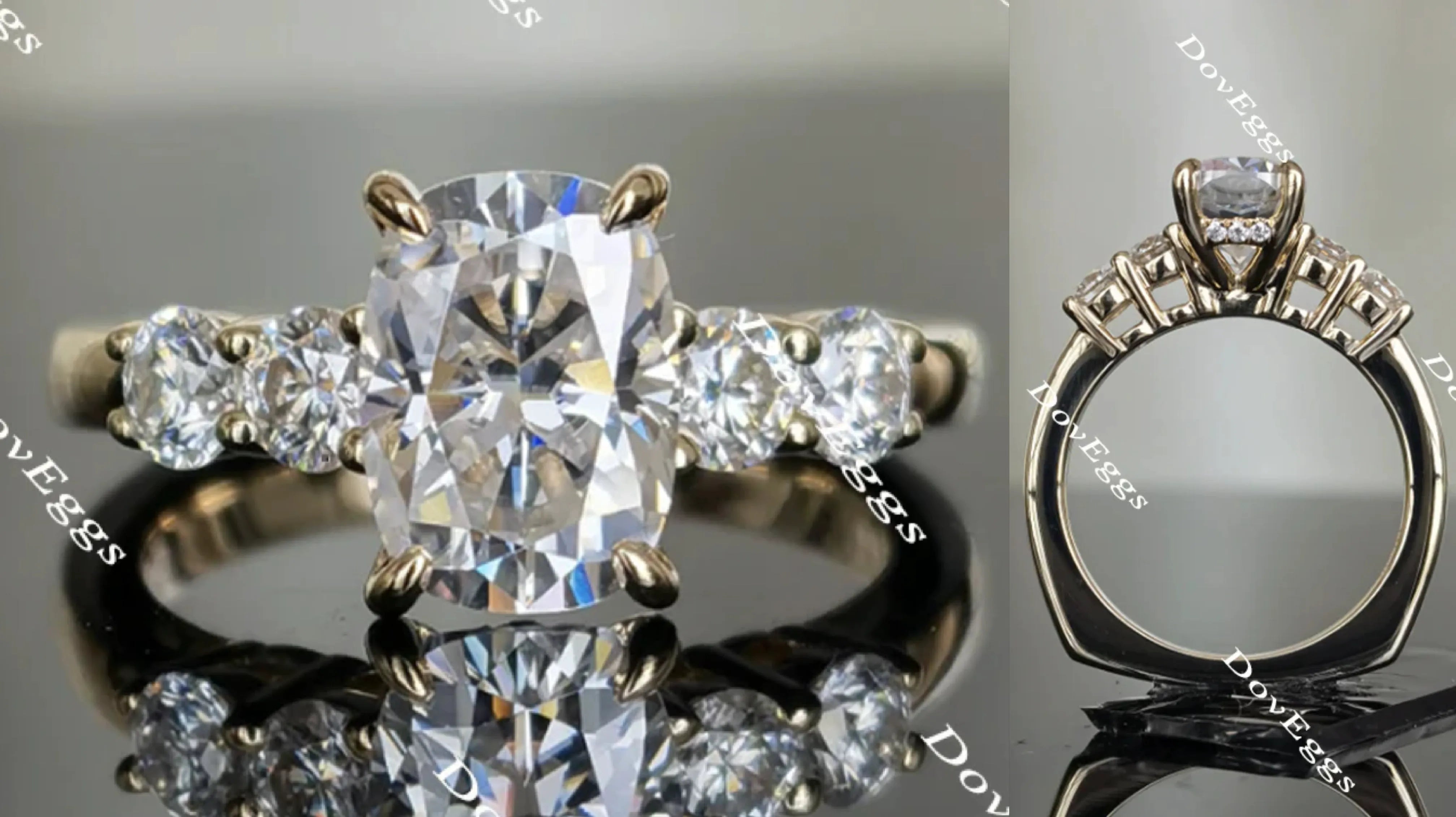 DovEggs cushion side stone moissanite engagement ring