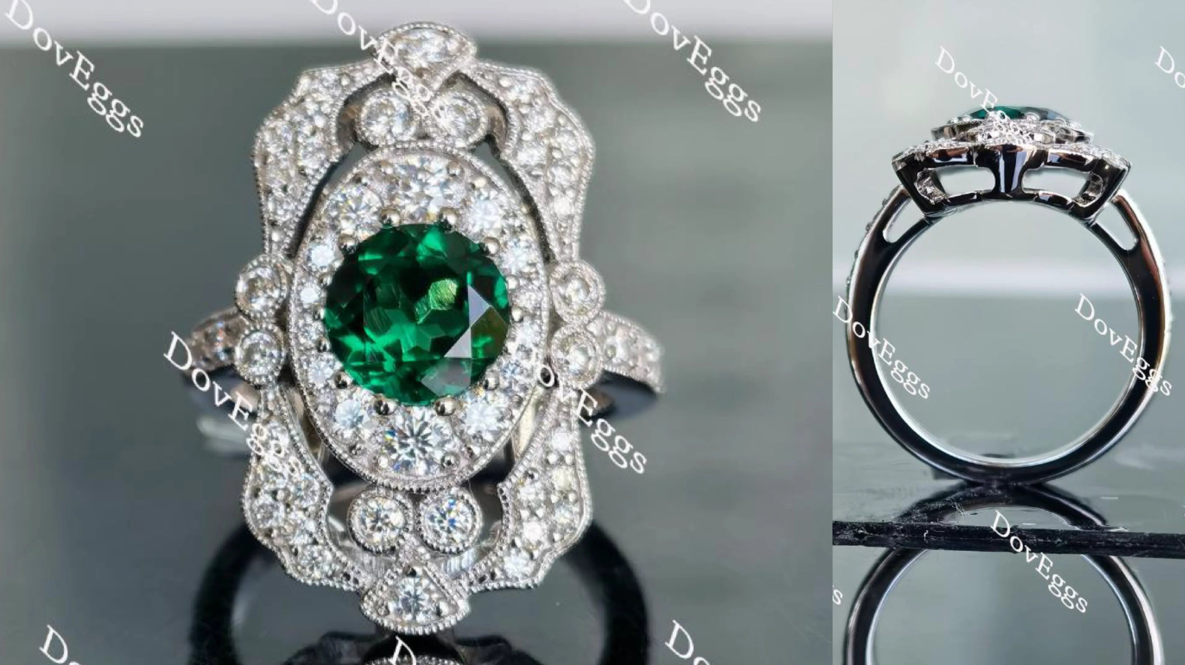 Doveggs round all color available halo pave zambia emerald colored gem engagement ring