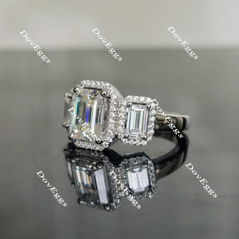 Doveggs three stone halo emerald moissanite engagement ring