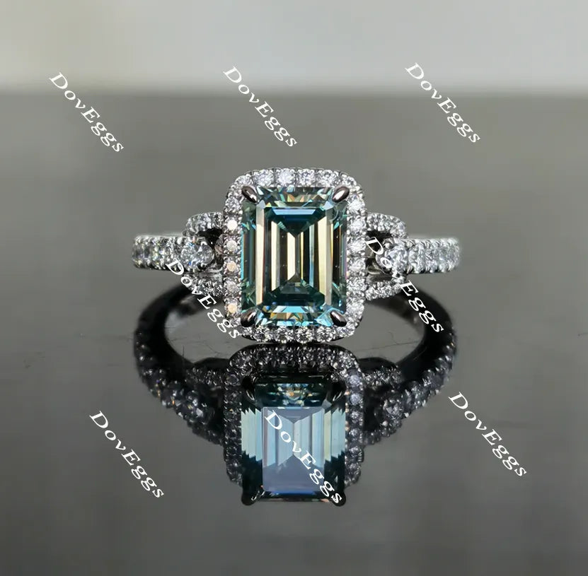 Doveggs peacock blue half eternity pave halo emerald colored moissanite engagement ring