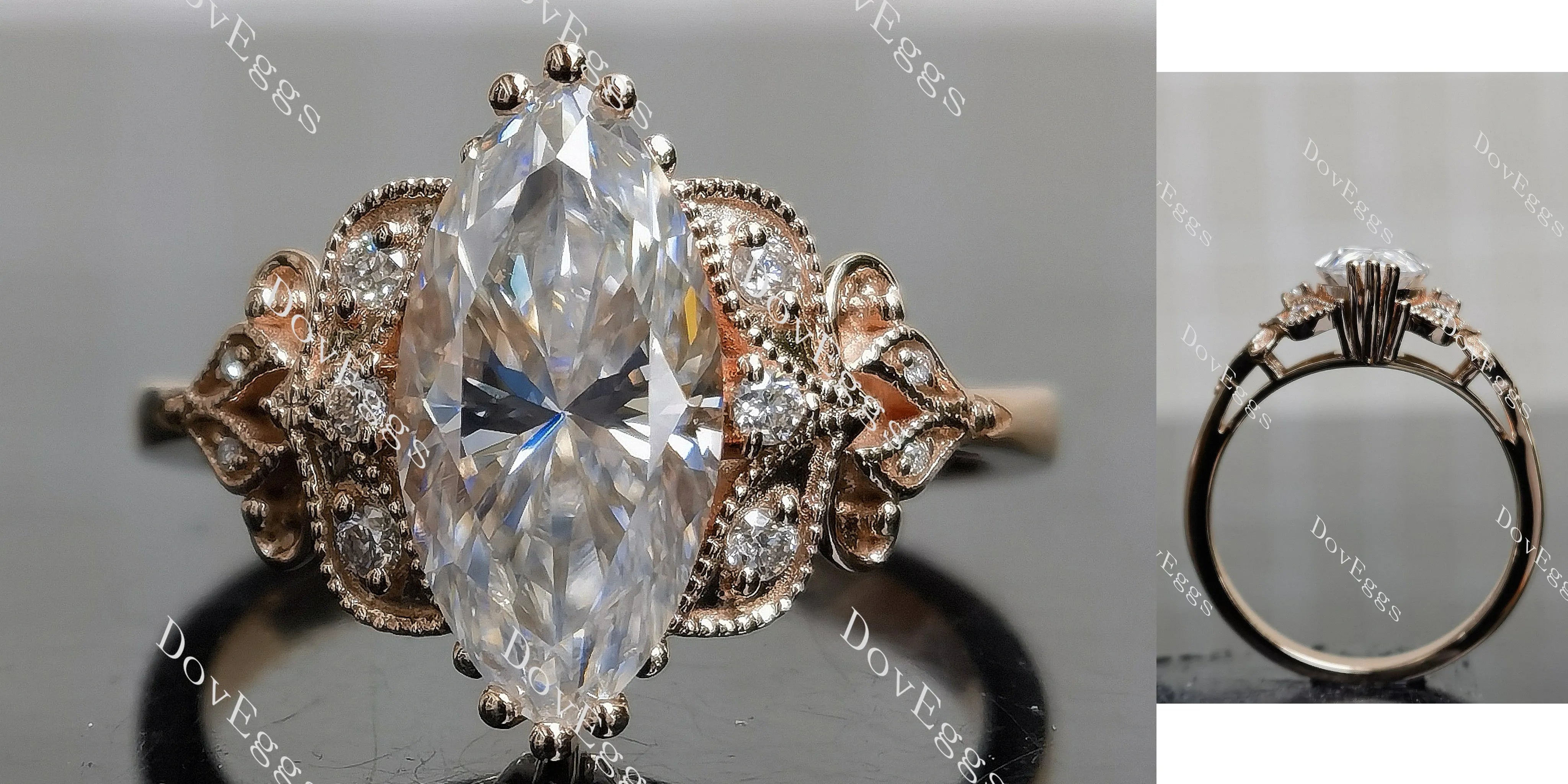 Doveggs Marquise Modified H&A cut vintage pave stones moissanite engagement ring