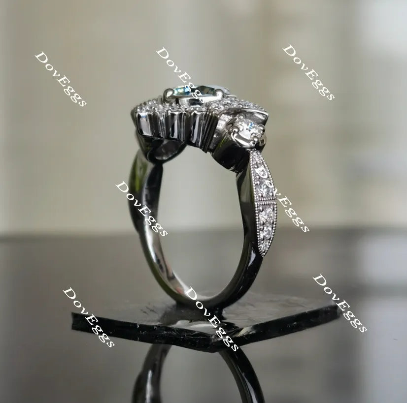 Doveggs round art deco Peacock blue moissanite engagement ring