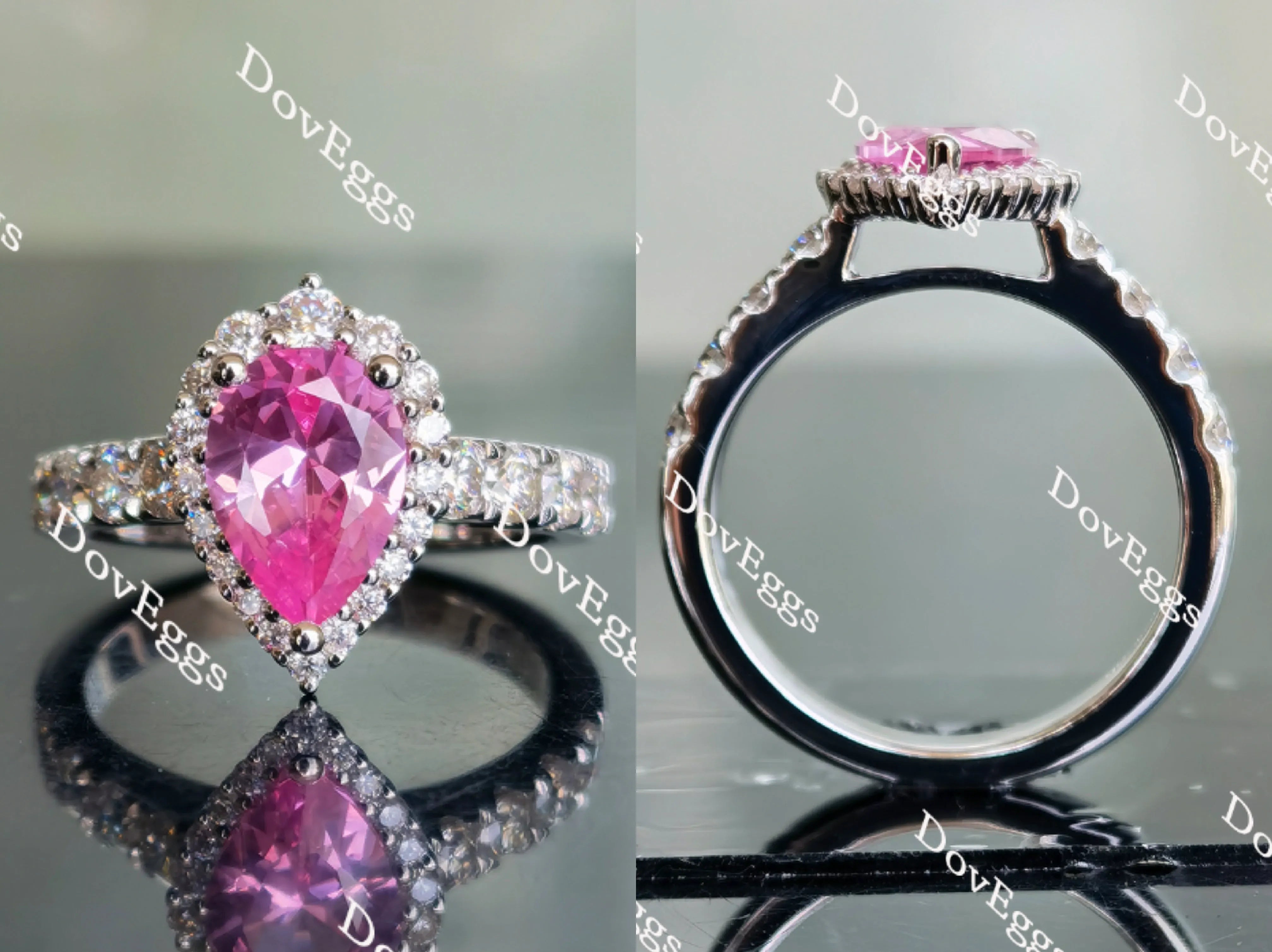 Doveggs pear halo half eternity pave pink sapphire colored gem ring