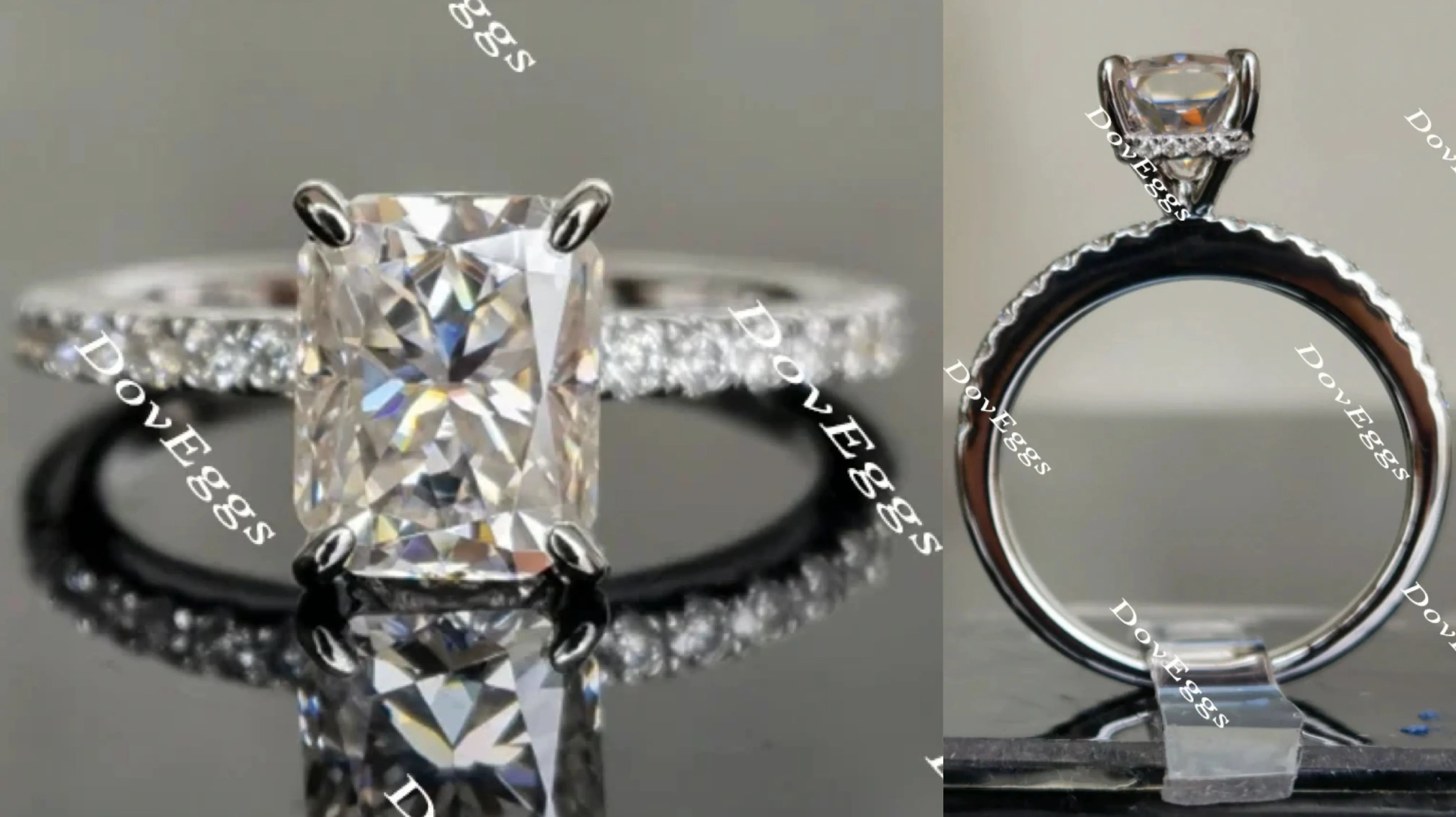 Doveggs radiant half eternity pave moissanite engagement ring