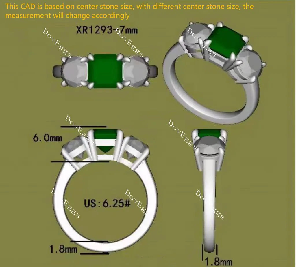 Doveggs three-stone asscher zambia emerald colored gem engagement ring