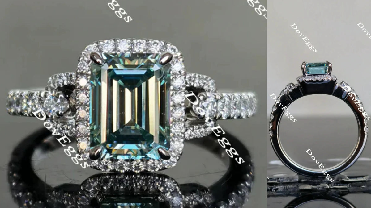 Doveggs peacock blue half eternity pave halo emerald colored moissanite engagement ring