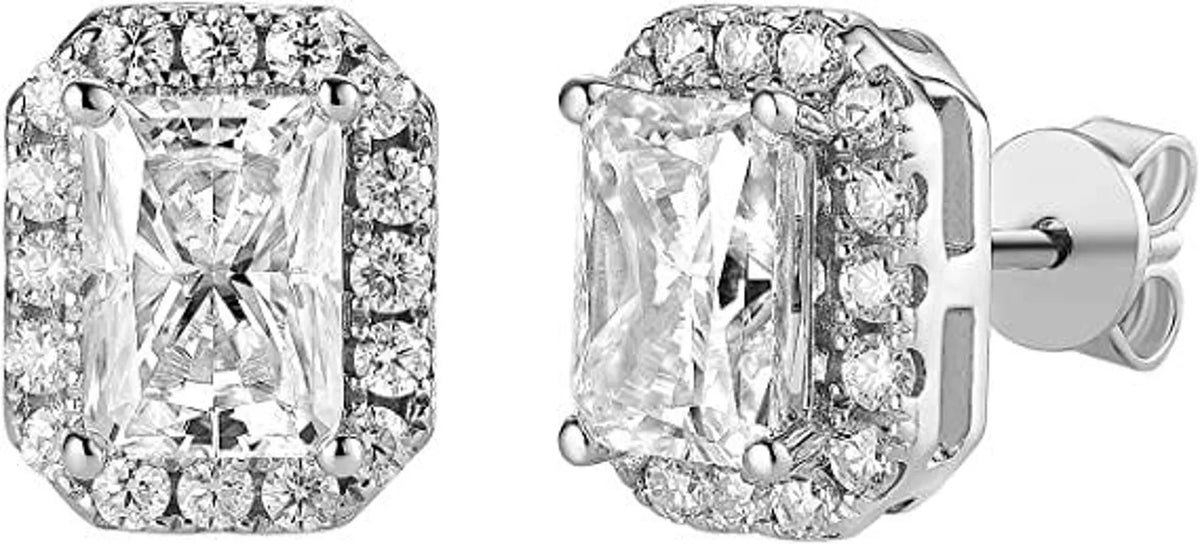 Doveggs 10k gold post sterling silver 2cttw GHI color halo radiant moissanite push back earrings