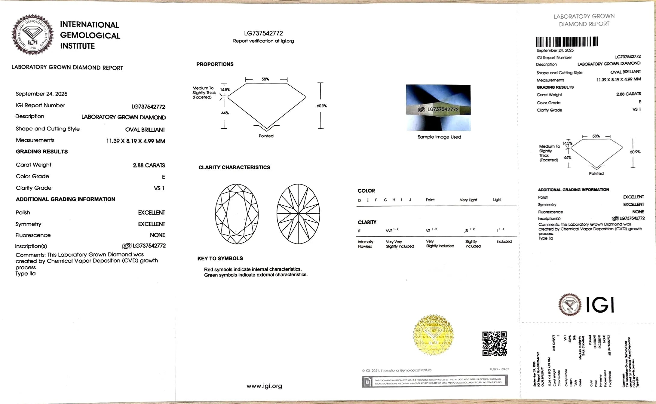 2.88ct Oval Brilliant Cut Lab Diamond - E Color VS1 | Doveggs Certified