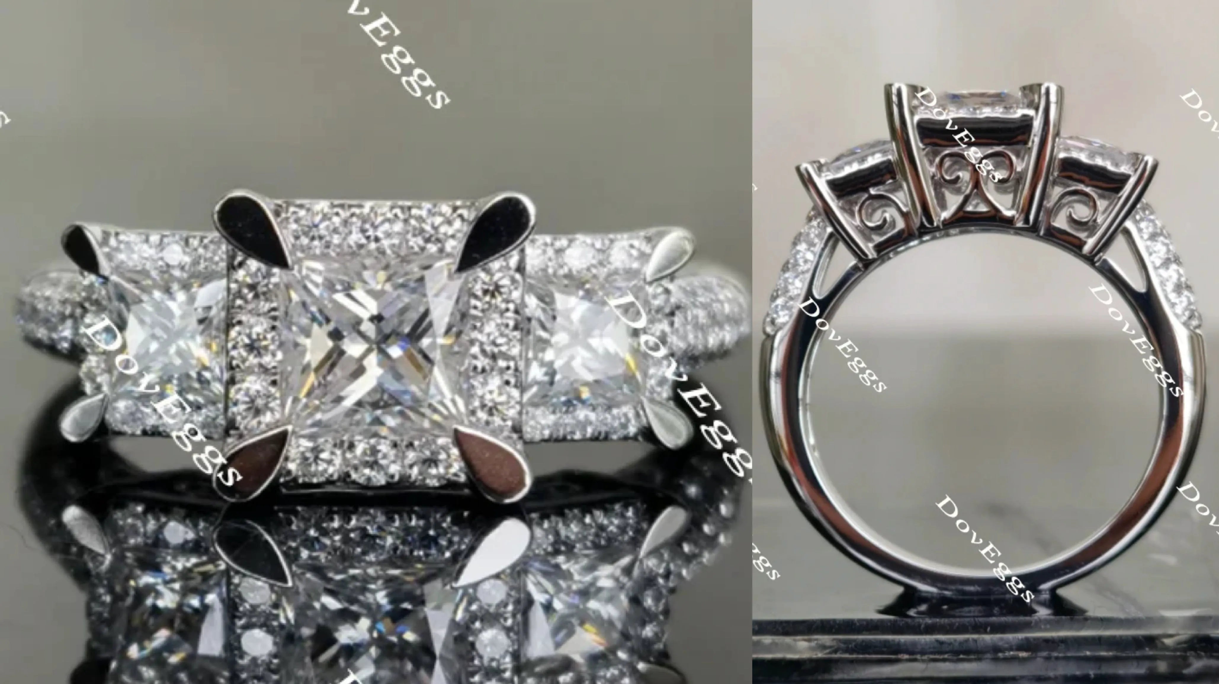Doveggs princess three stones halo moissanite engagement ring
