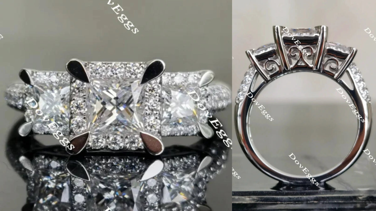 Doveggs princess three stones halo moissanite engagement ring