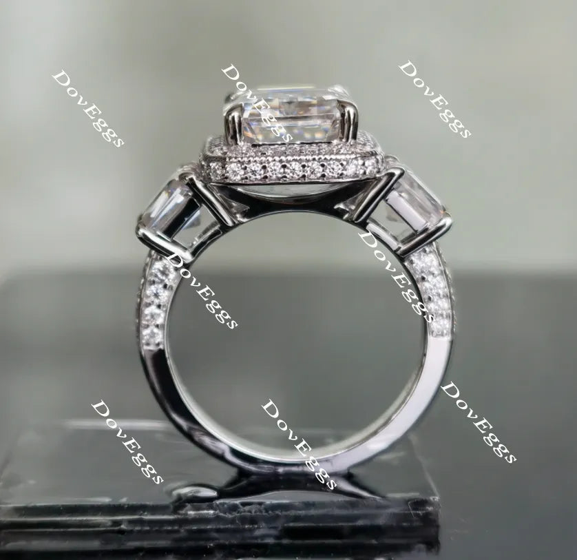 The Aunt Gabby three stone halo emerald moissanite engagement ring