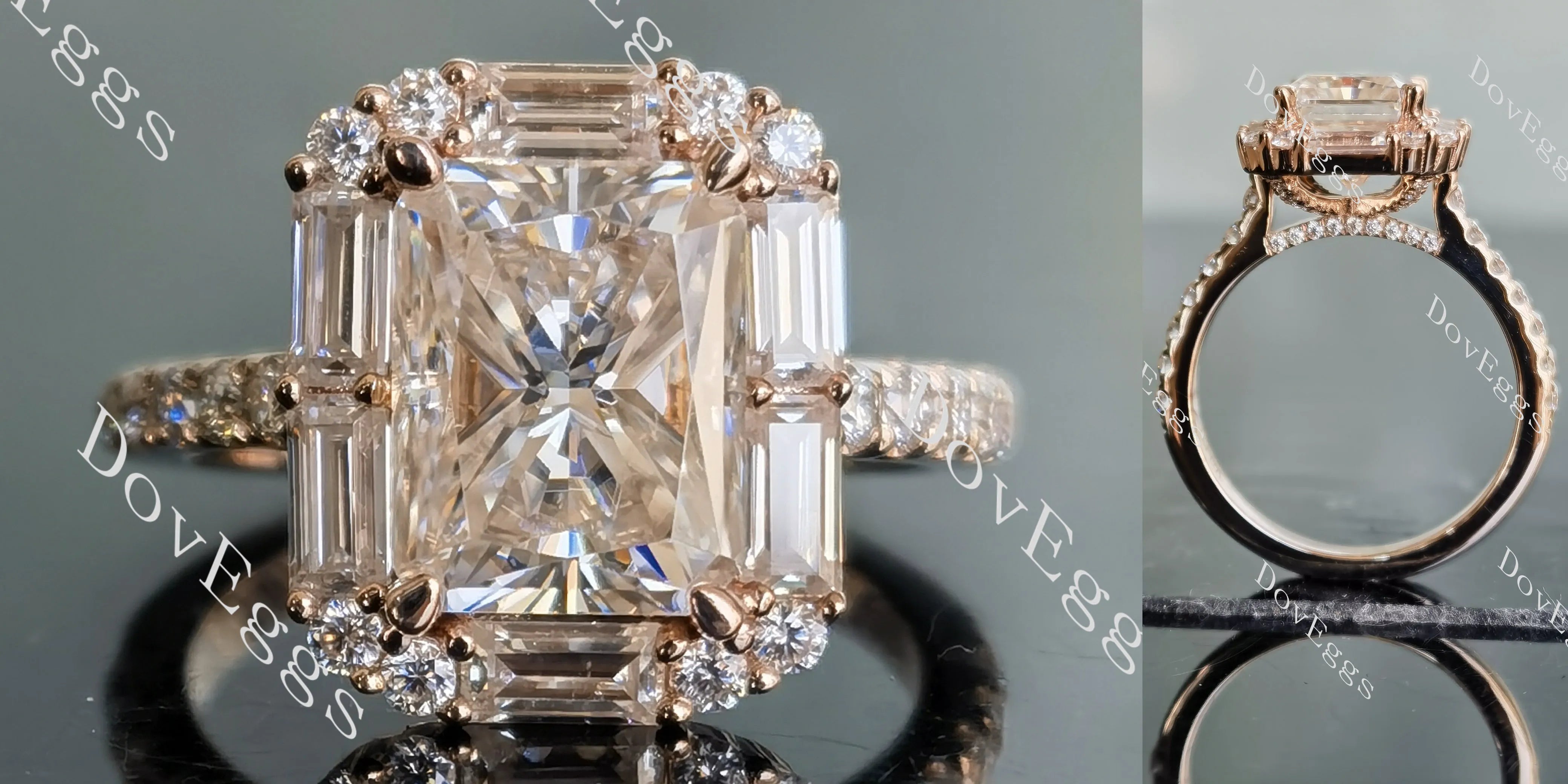 Doveggs radiant halo pave moissanite engagement ring