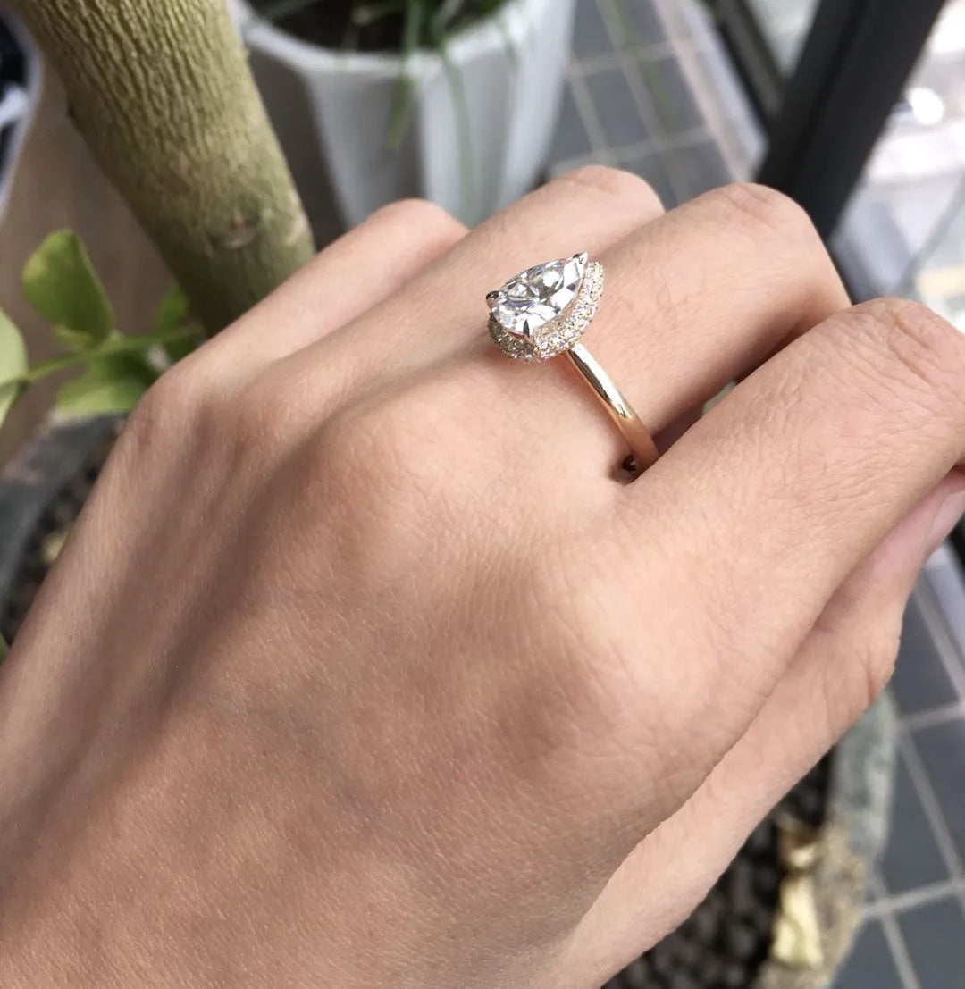 DovEggs paved halo pear moissanite engagement ring