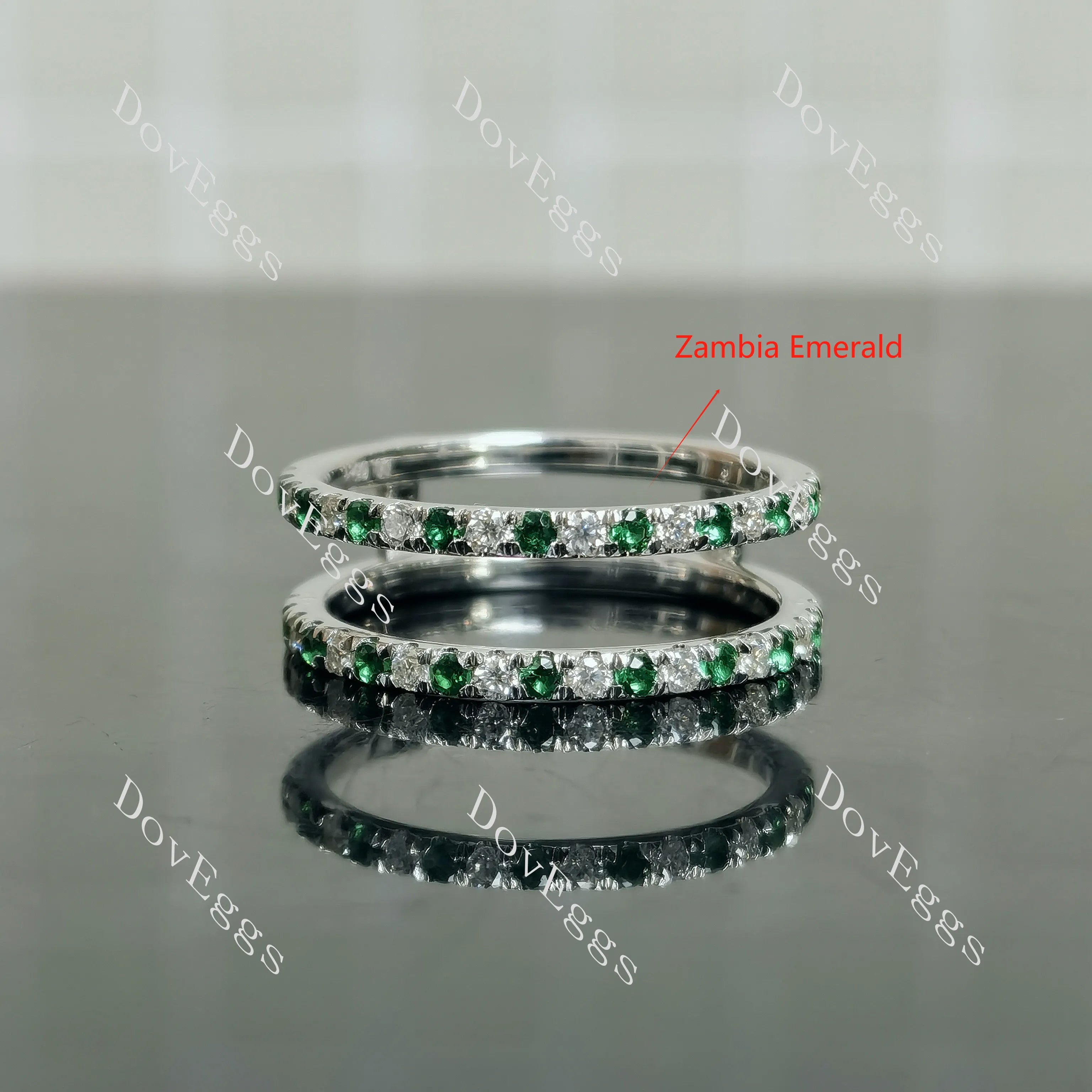 Doveggs round half eternity pave moissanite/lab grown diamond & colored gem wedding band-7.2mm band width