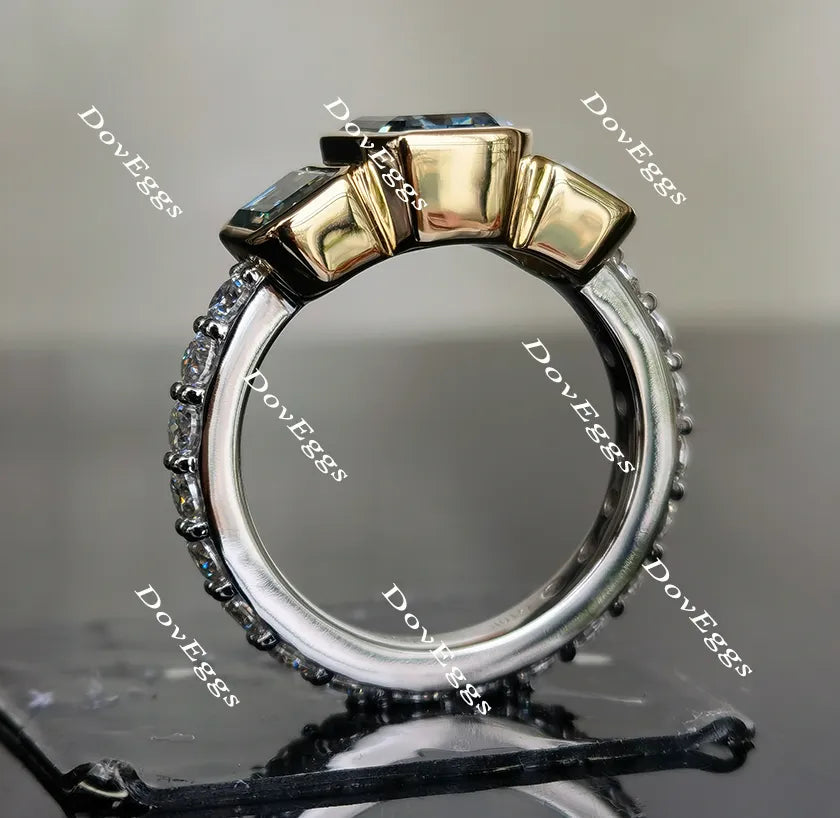 DovEggs emerald bezel setting three-stone moissanite ring