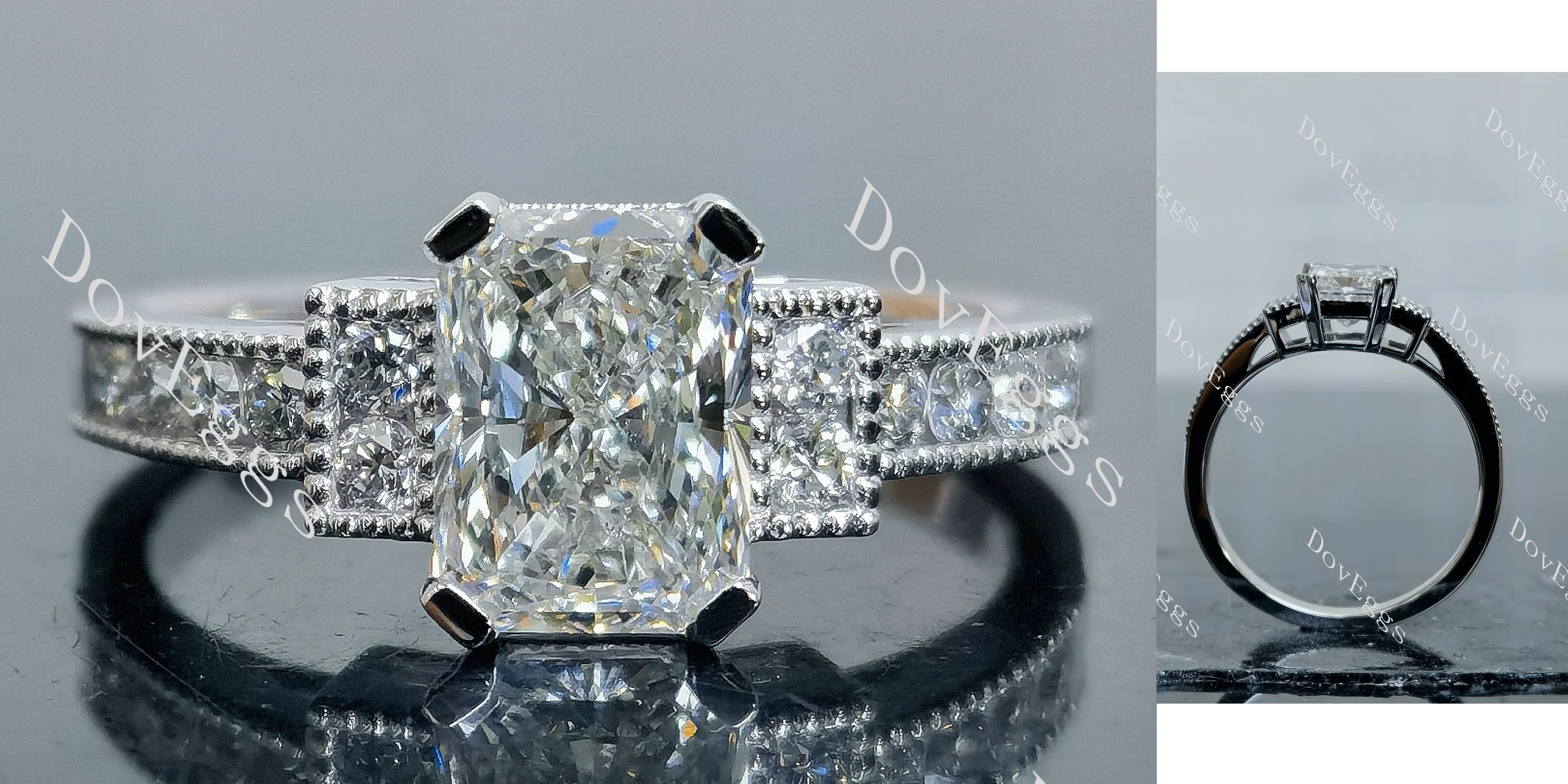 Doveggs Radiant Pave Art Deco Side Stone Lab Grown Diamond Engagement Ring