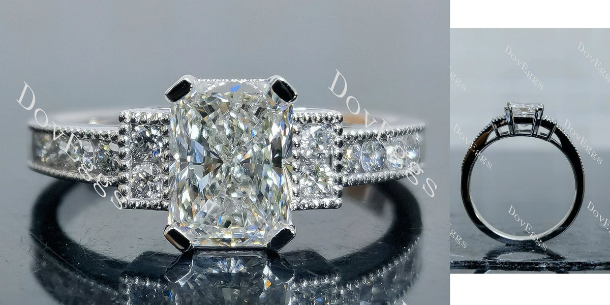 Doveggs Radiant Pave Art Deco Side Stone Lab Grown Diamond Engagement Ring