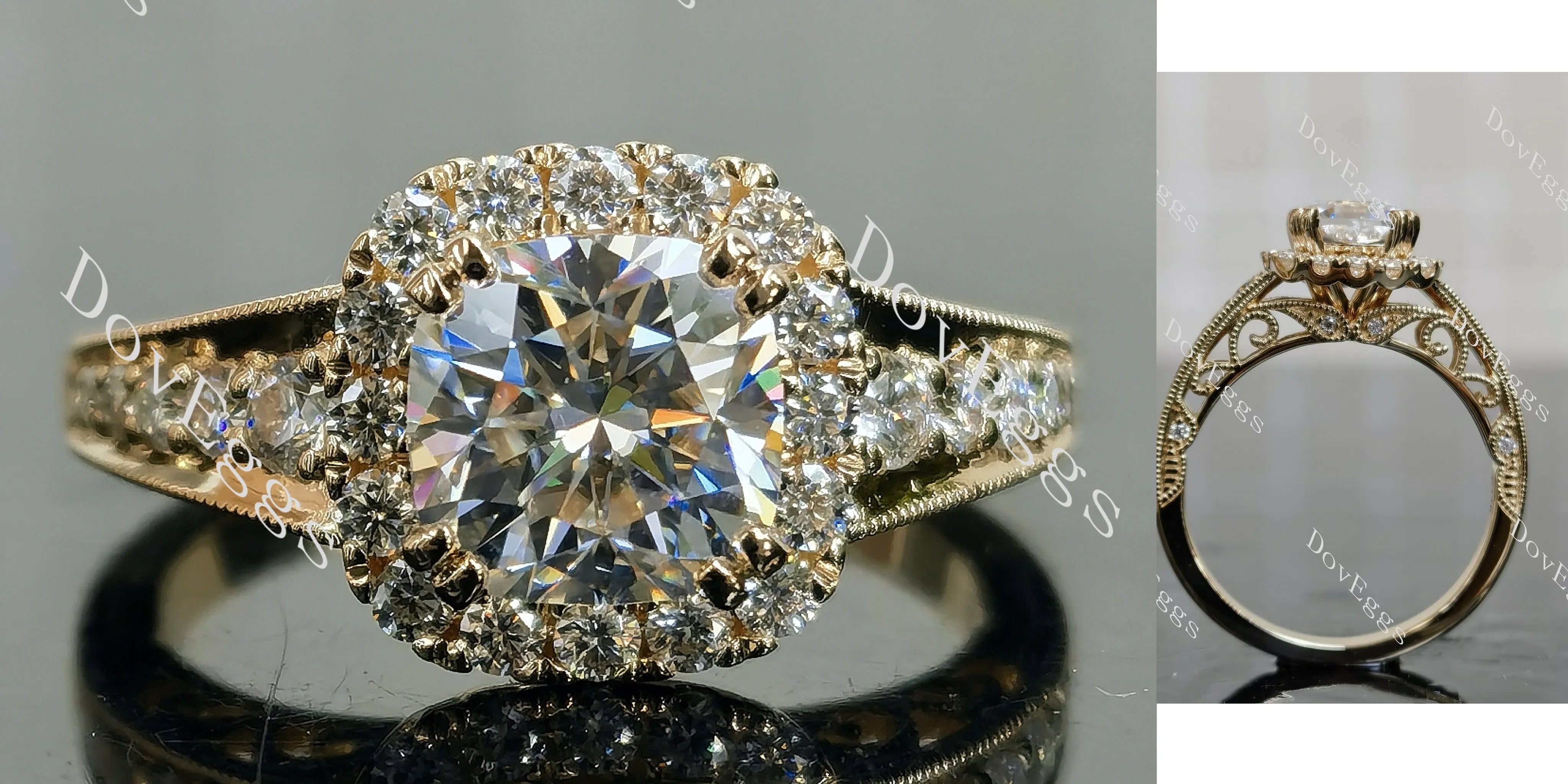 Doveggs cushion pave halo half eternity moissanite engagement ring