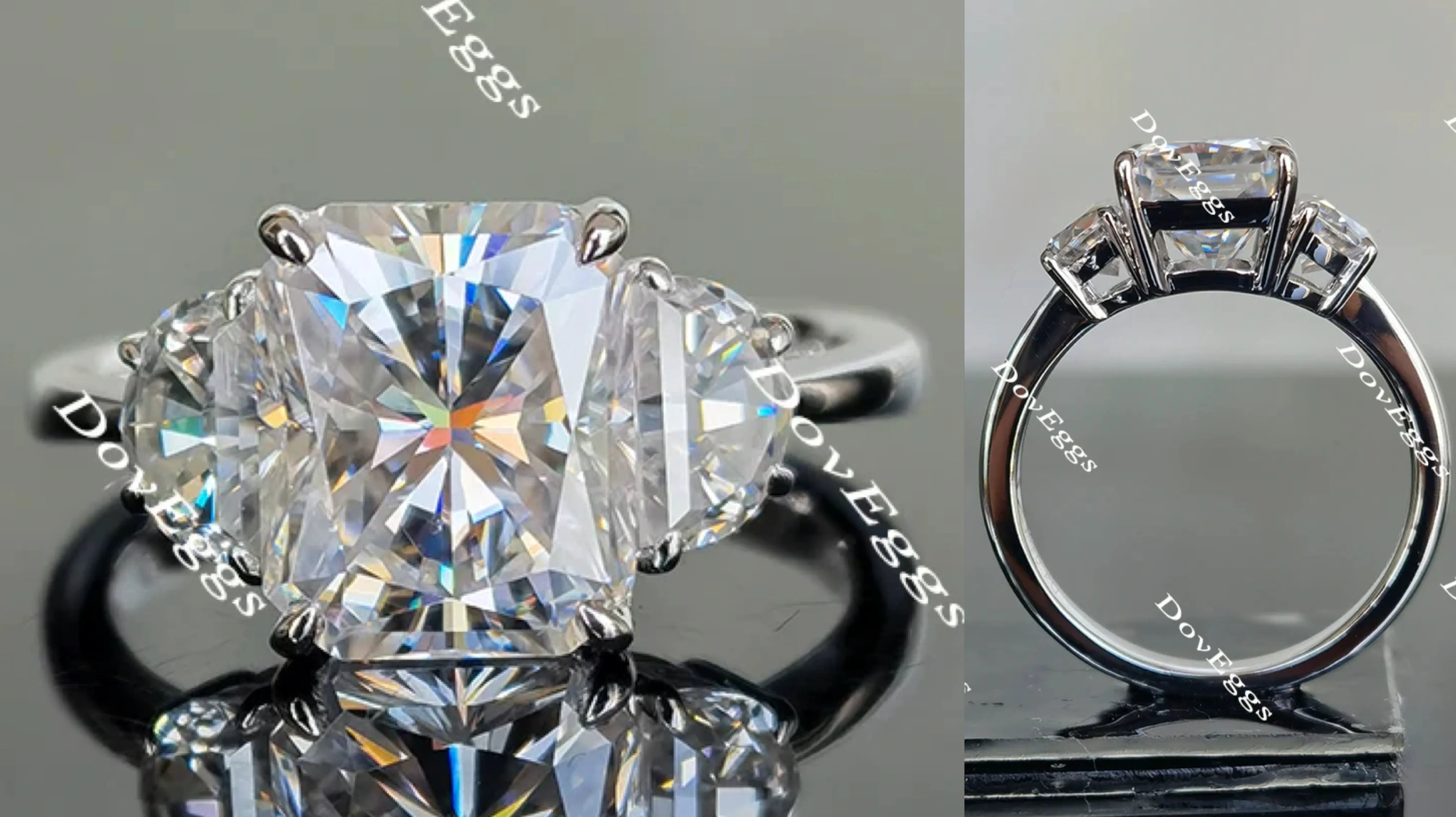 Doveggs radiant three-stone moissanite engagement ring for women
