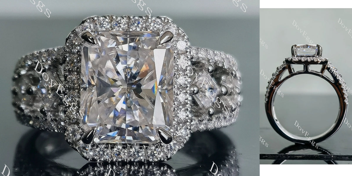 Doveggs radiant halo half eternity pave moissanite engagement ring