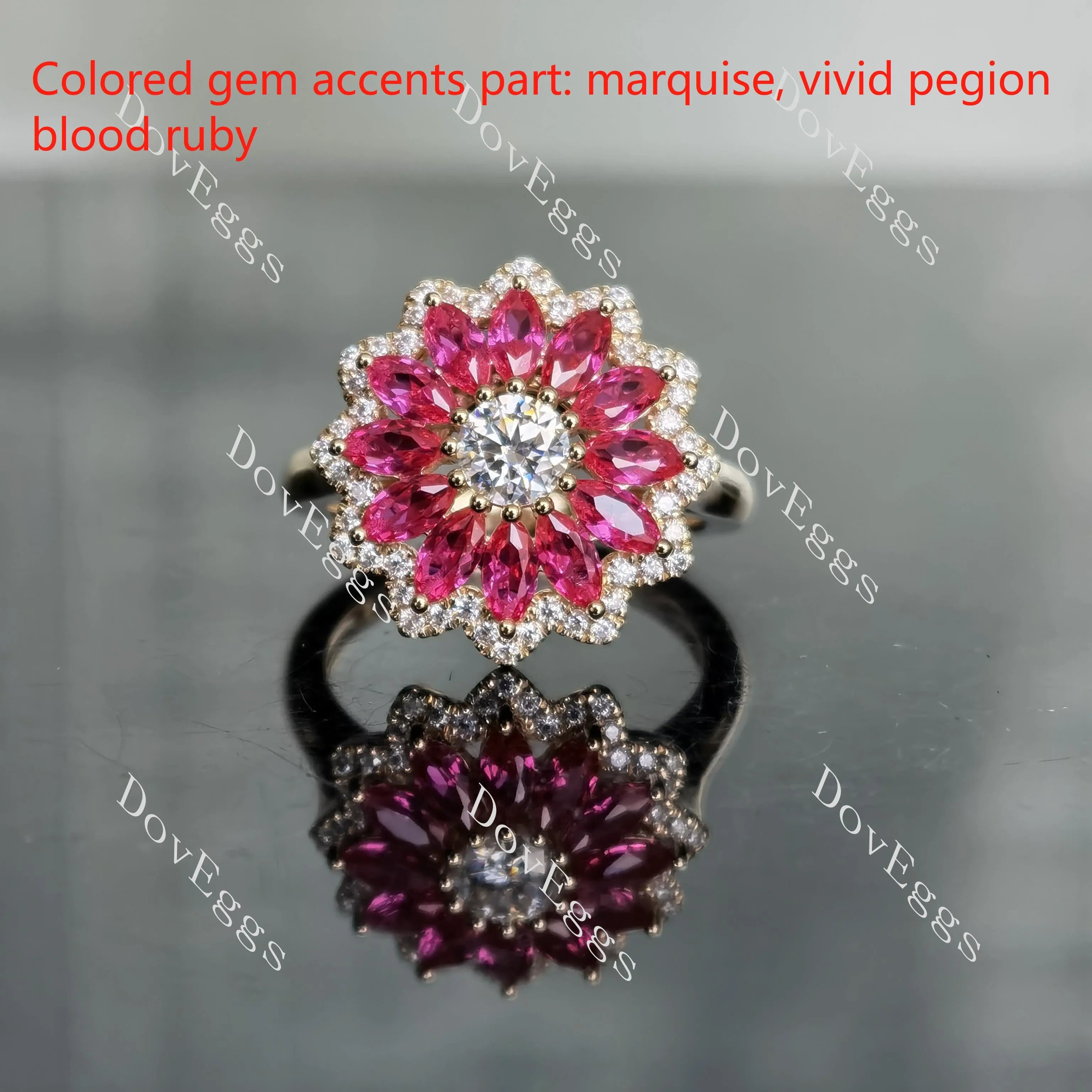 DovEggs round floral moissanite & colored gem engagement ring