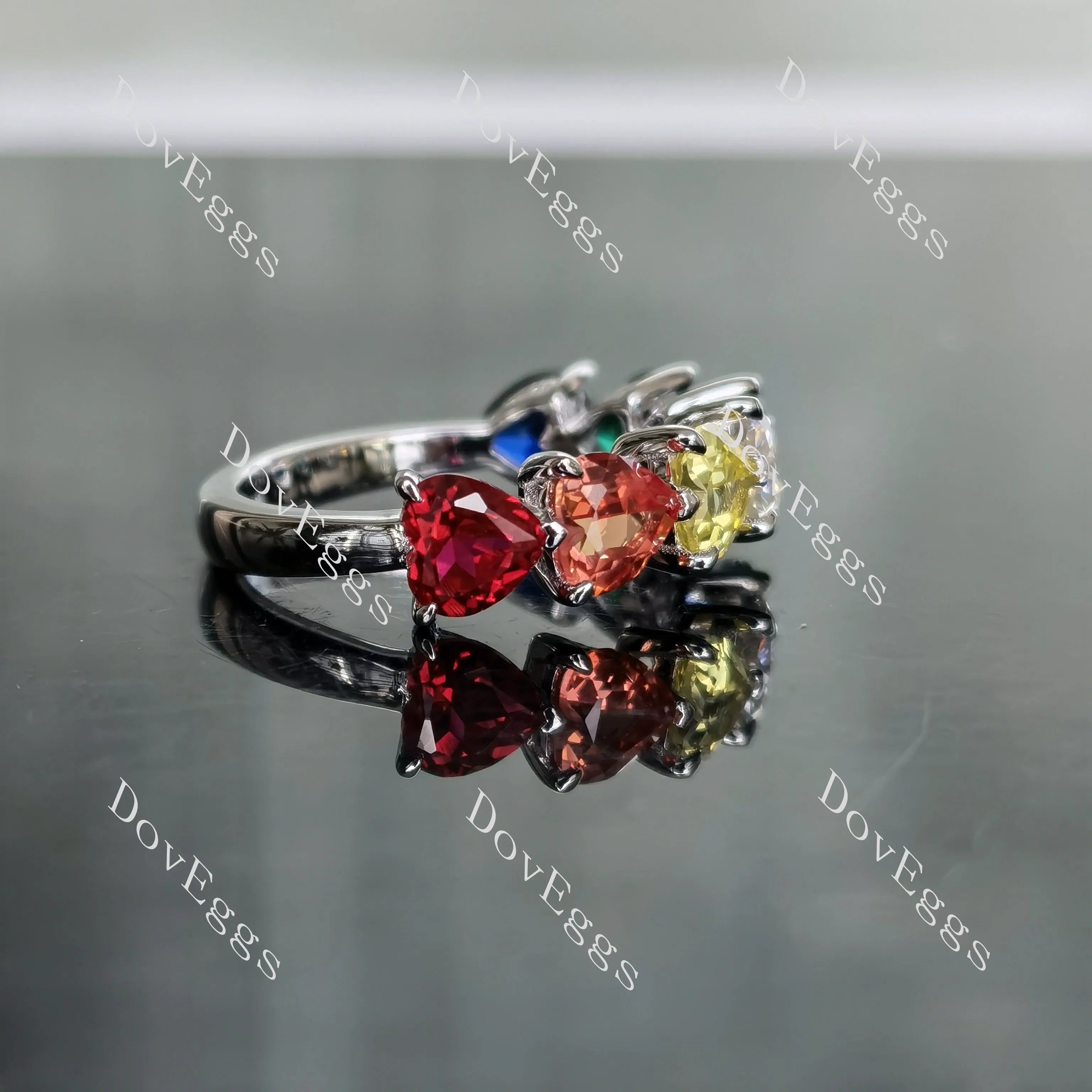 Doveggs heart ruby/orange-yellow sapphire/GHI-peacock blue moissanite/emerald/blue sapphire band-2.5mm band width