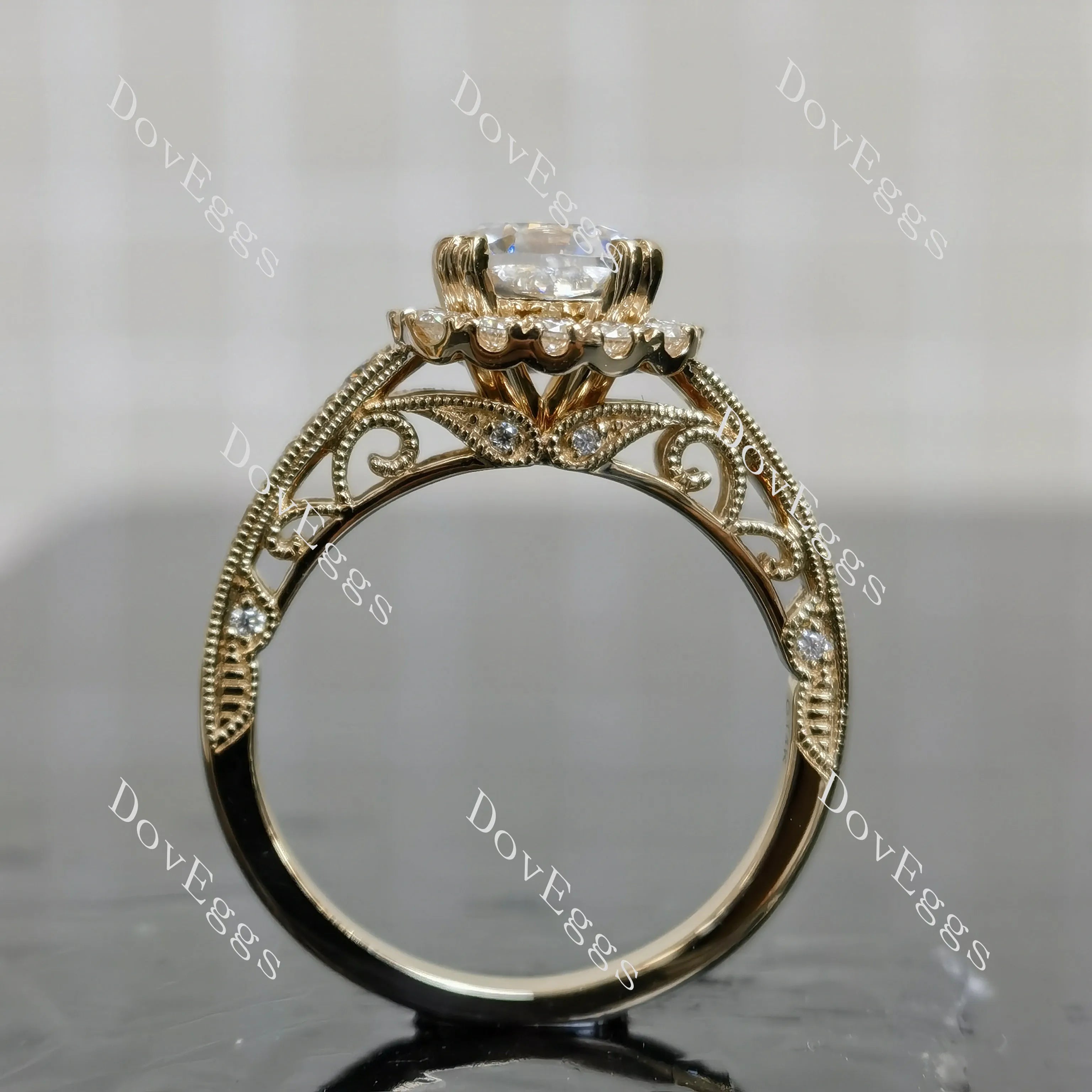 Doveggs cushion pave halo half eternity moissanite engagement ring